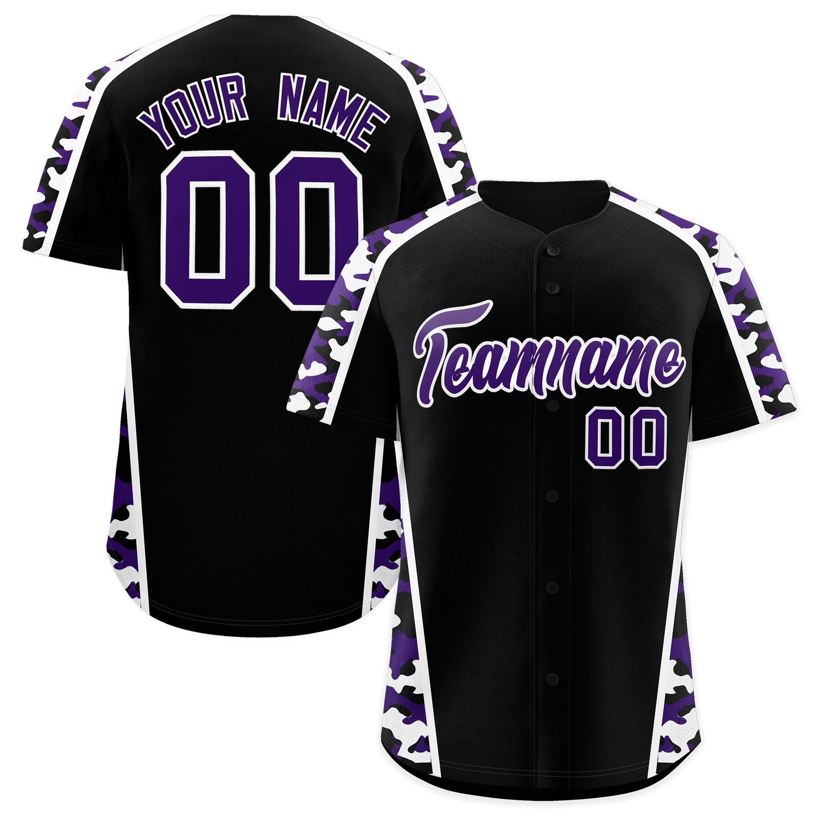 Custom Black Purple Side Camo Style Personalization Baseball Jersey| KXKSHOP