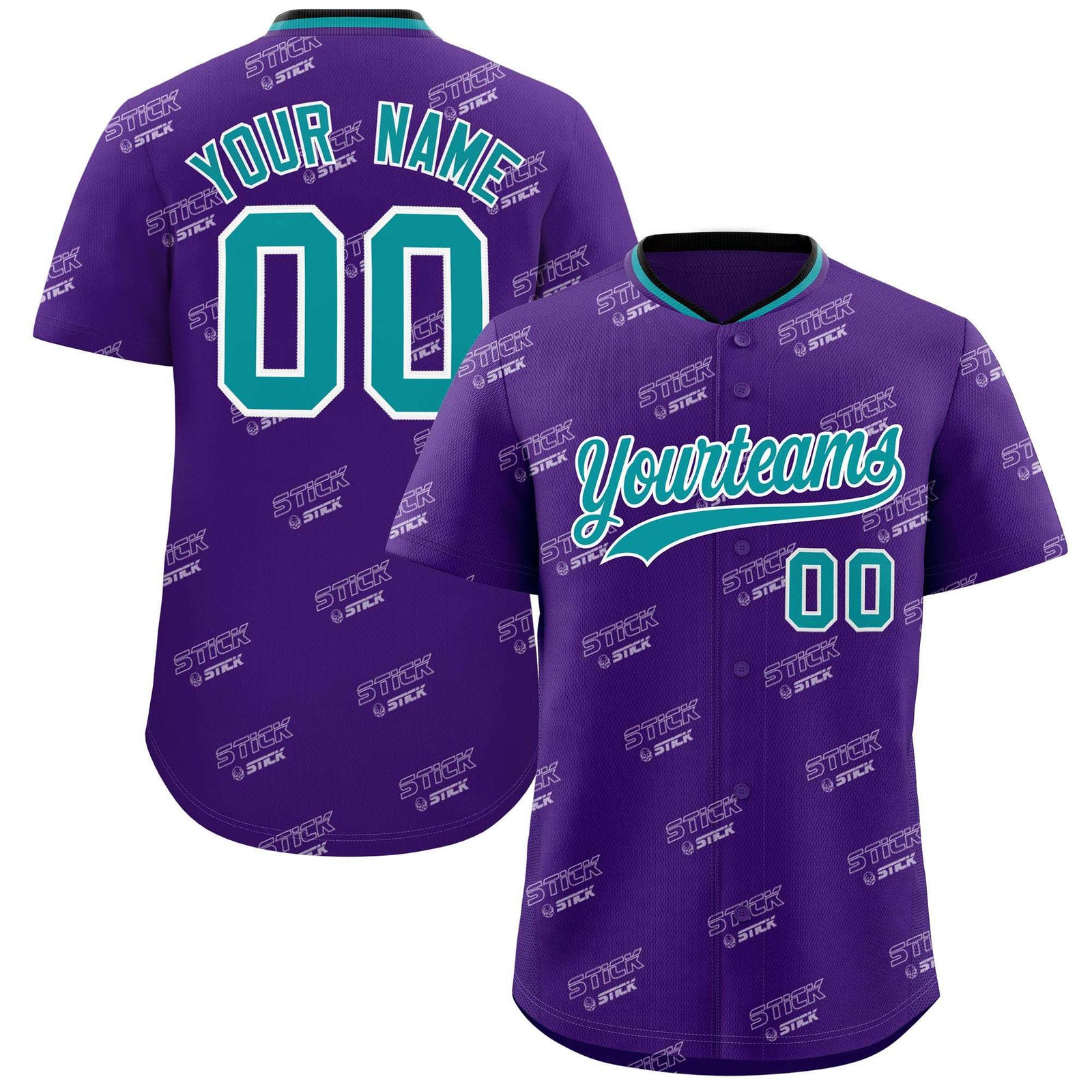 Custom Purple Aqua Full Button Text Graffiti Pattern Authentic Baseball Jersey