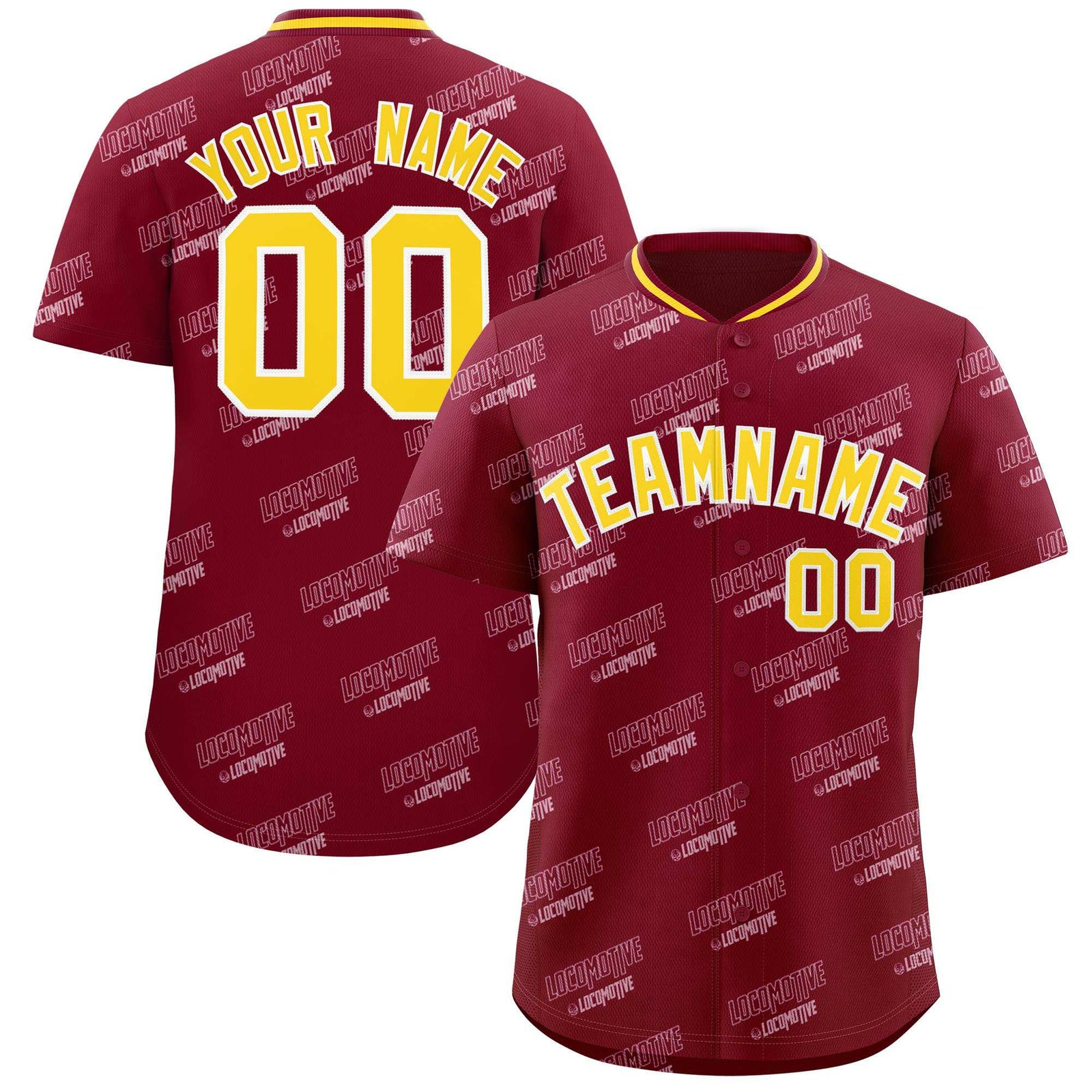 Custom Crimson Gold Full Button Text Graffiti Pattern Authentic Baseball Jersey