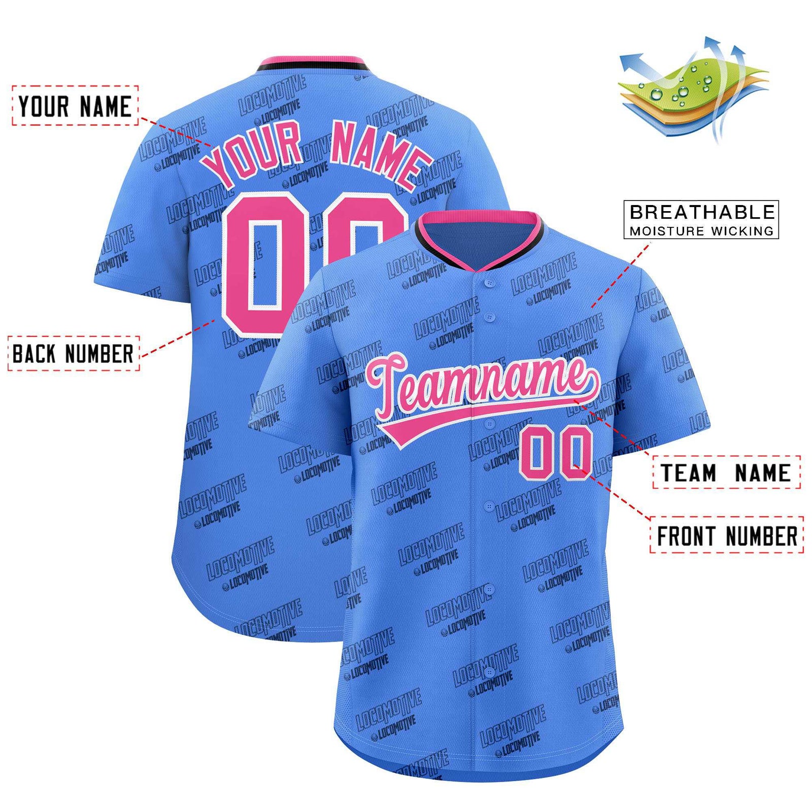 Custom Powder Blue Pink Full Button Text Graffiti Pattern Authentic Baseball Jersey