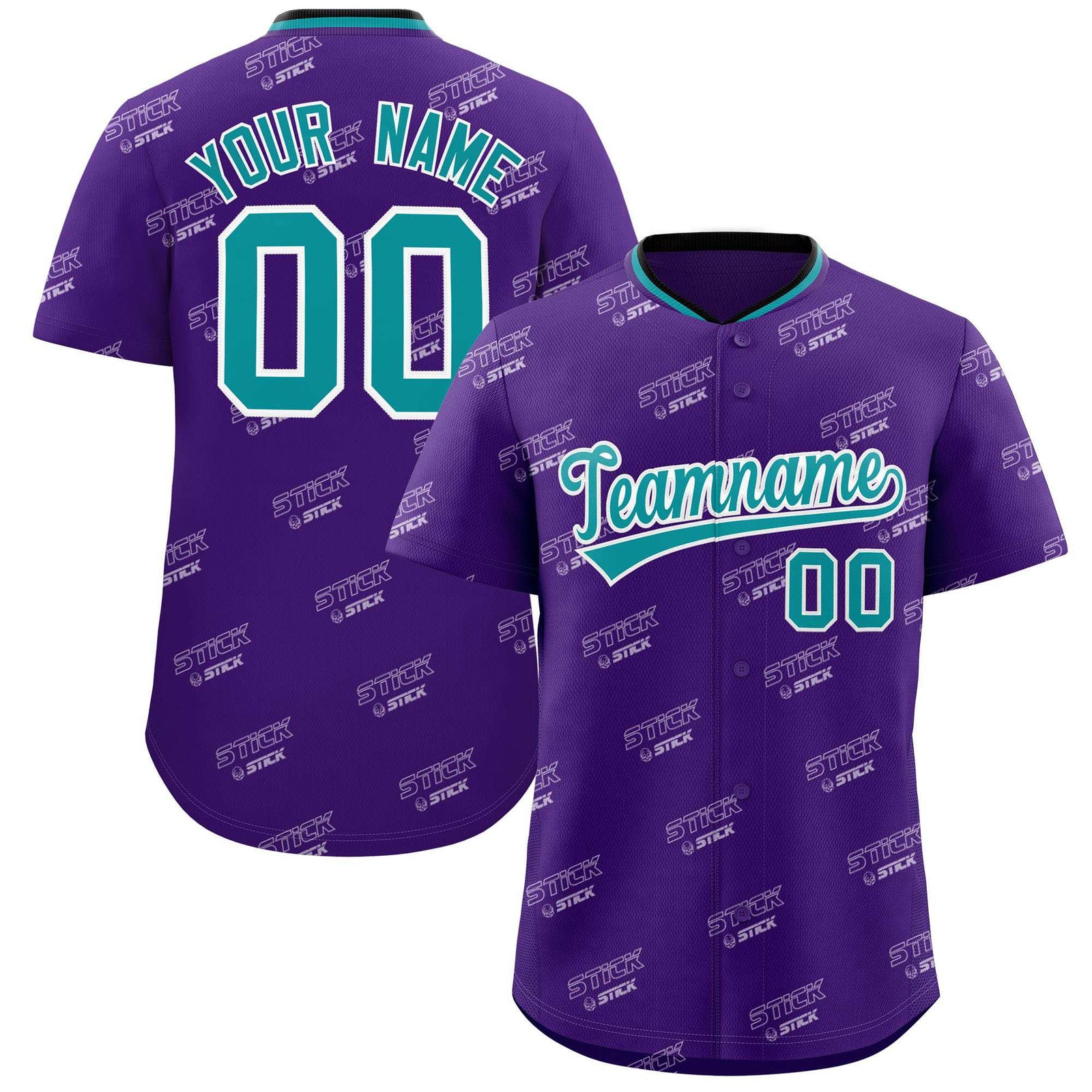 Custom Purple Aqua Full Button Text Graffiti Pattern Authentic Baseball Jersey