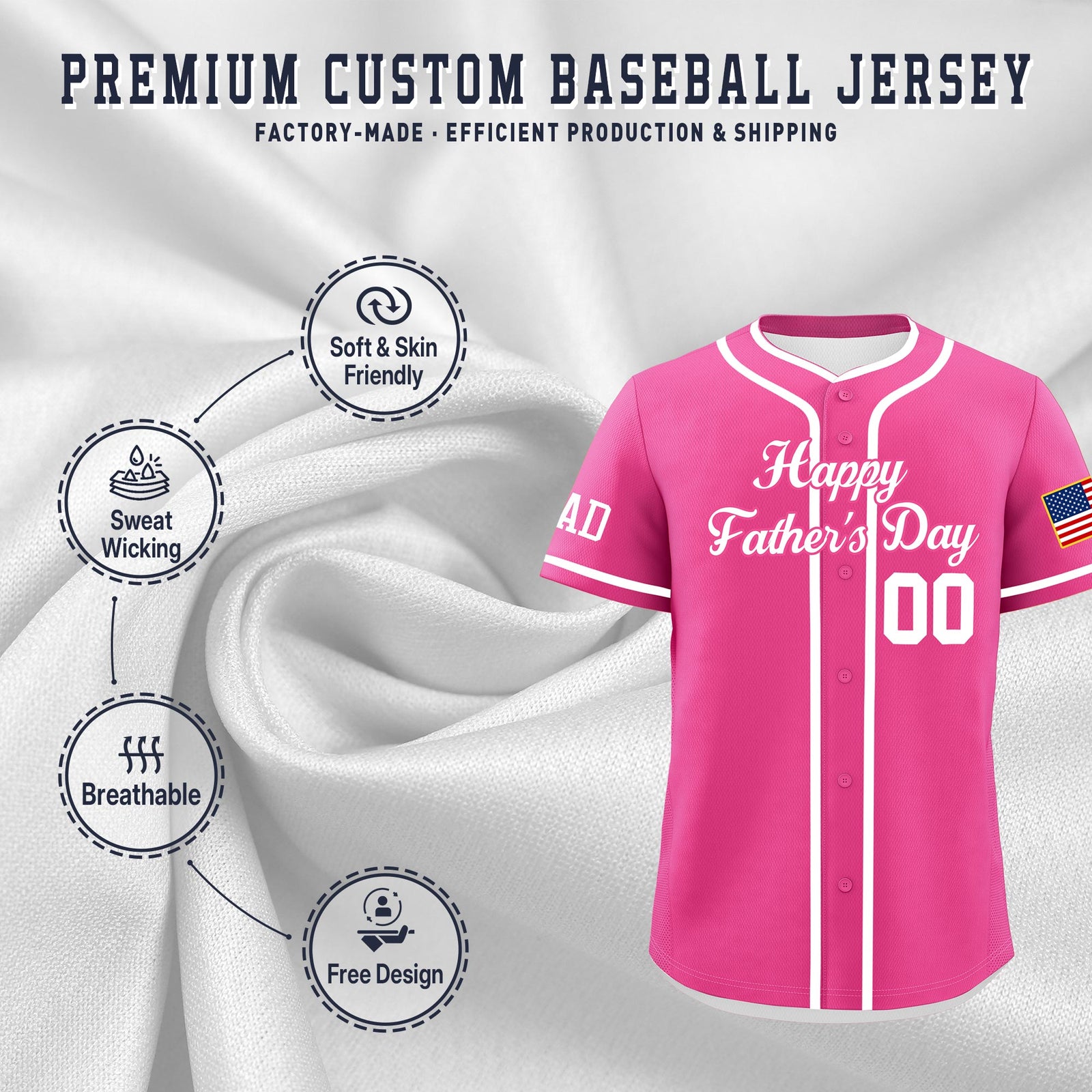 Custom Pink White Classic Style Father's Day Quick Dry Baseball Jersey| KXKSHOP