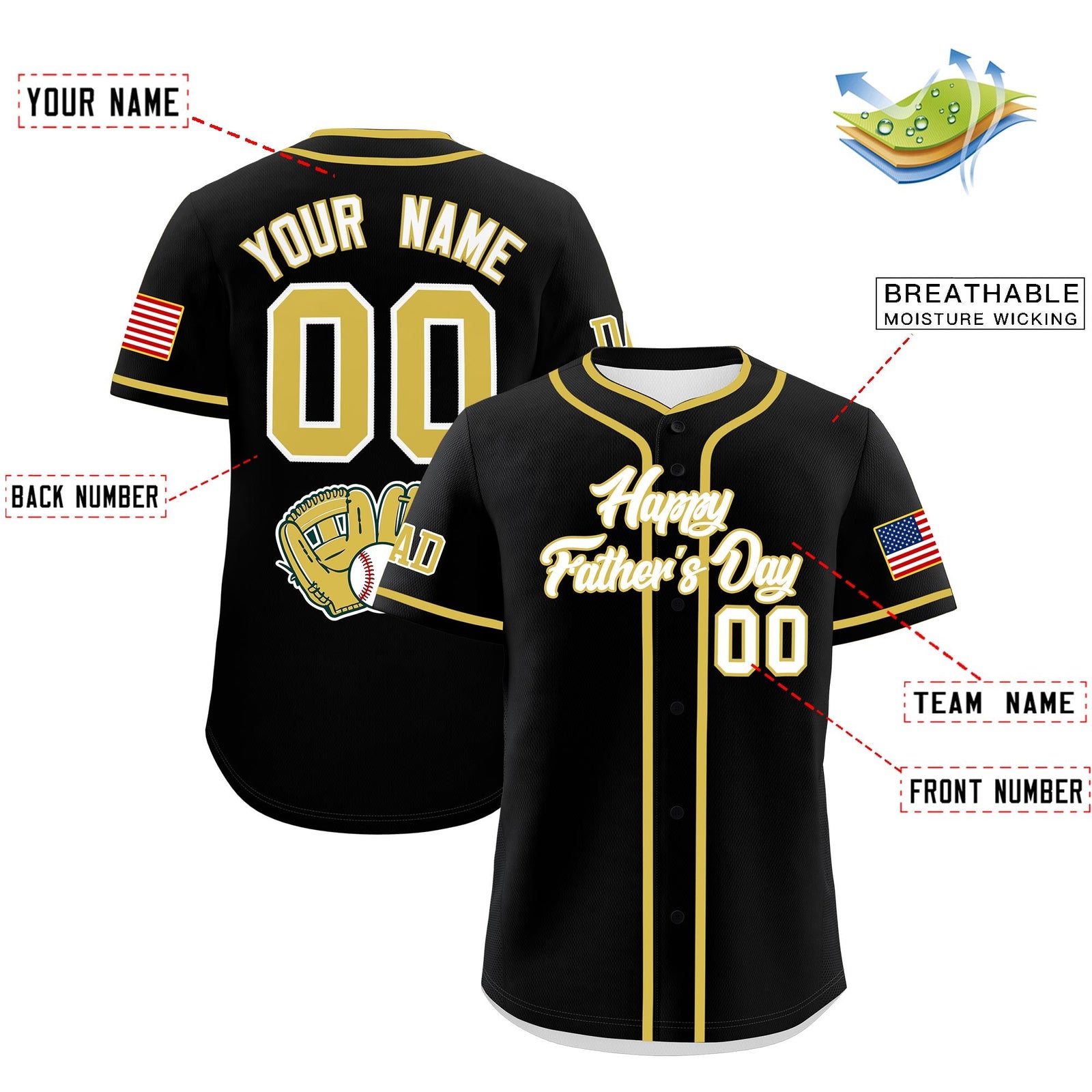 Custom Black White Old Gold Classic Style Father's Day Quick Dry Baseball Jersey| KXKSHOP