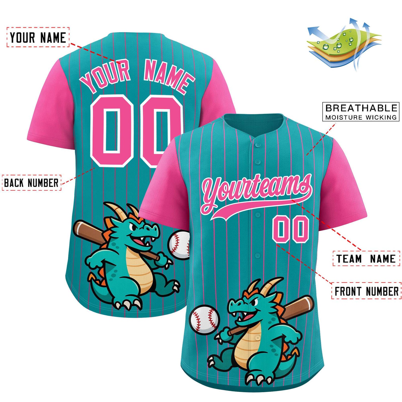 Custom Aqua Pink Stripe Animals Graffiti Pattern Raglan Sleeves Authentic Baseball Jersey