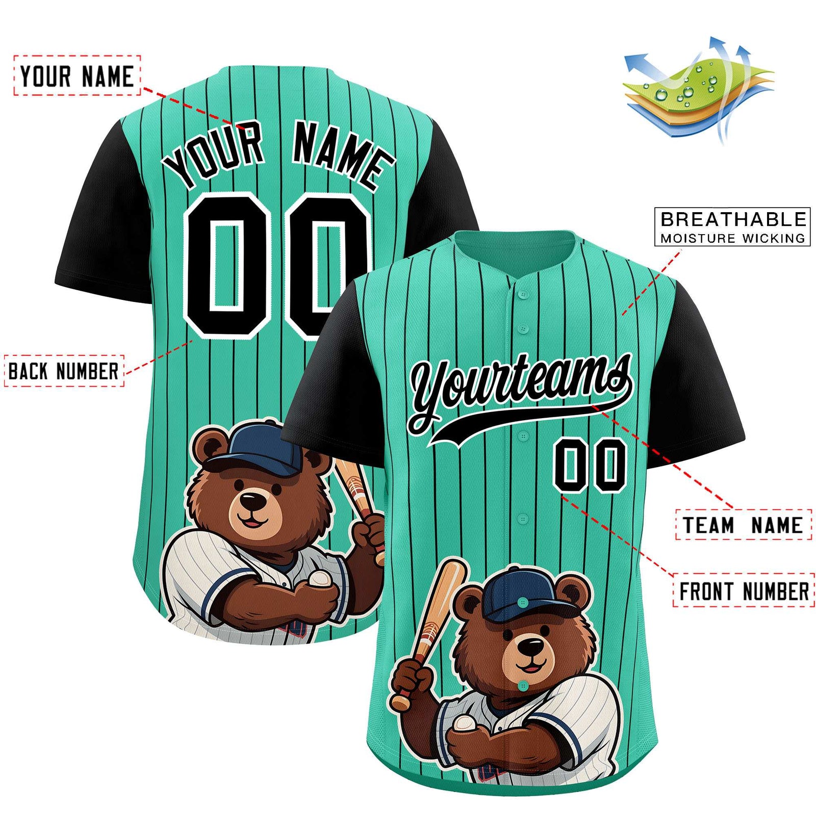 Custom Bright Green Black Stripe Animals Graffiti Pattern Raglan Sleeves Authentic Baseball Jersey