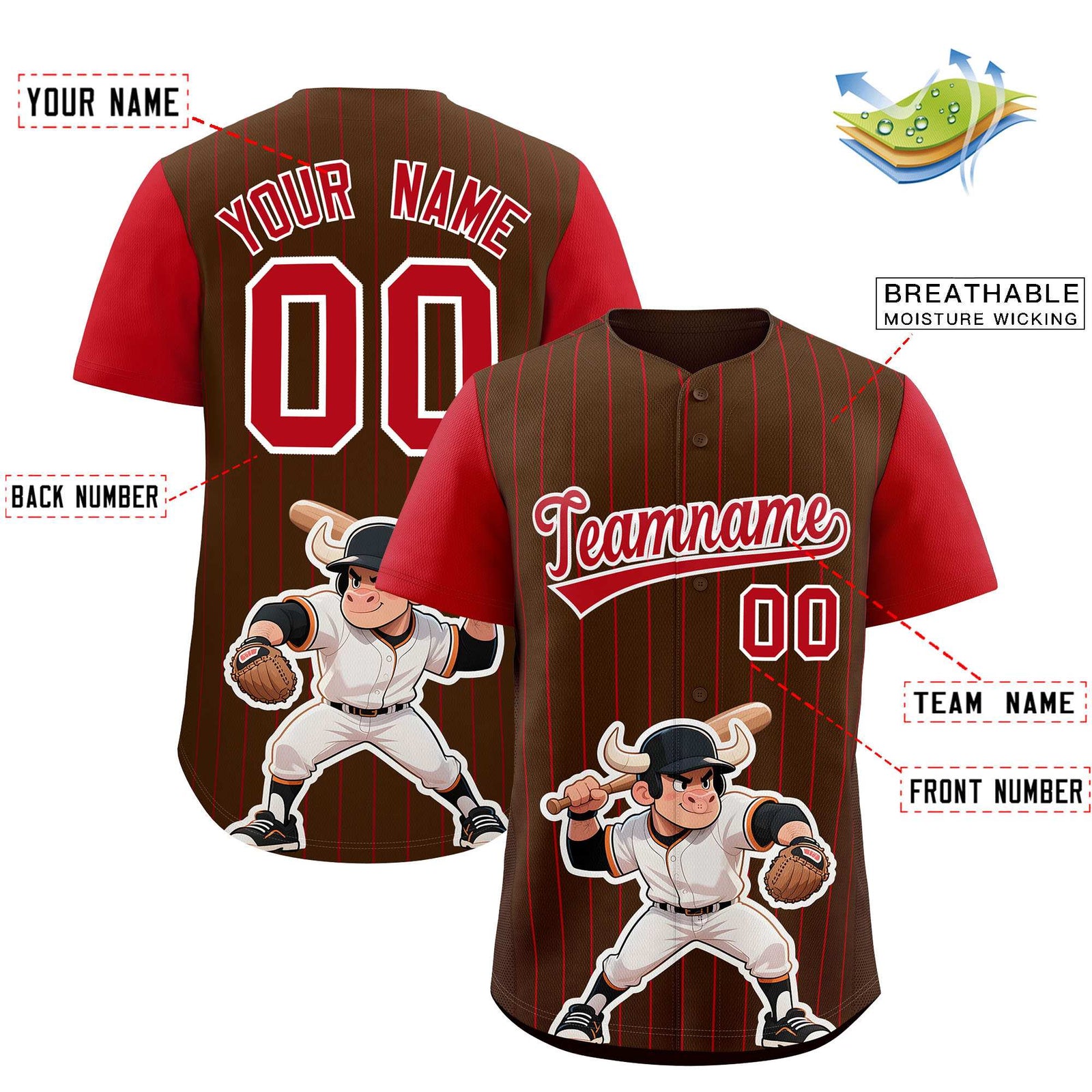 Custom Brown Red Stripe Animals Graffiti Pattern Raglan Sleeves Authentic Baseball Jersey