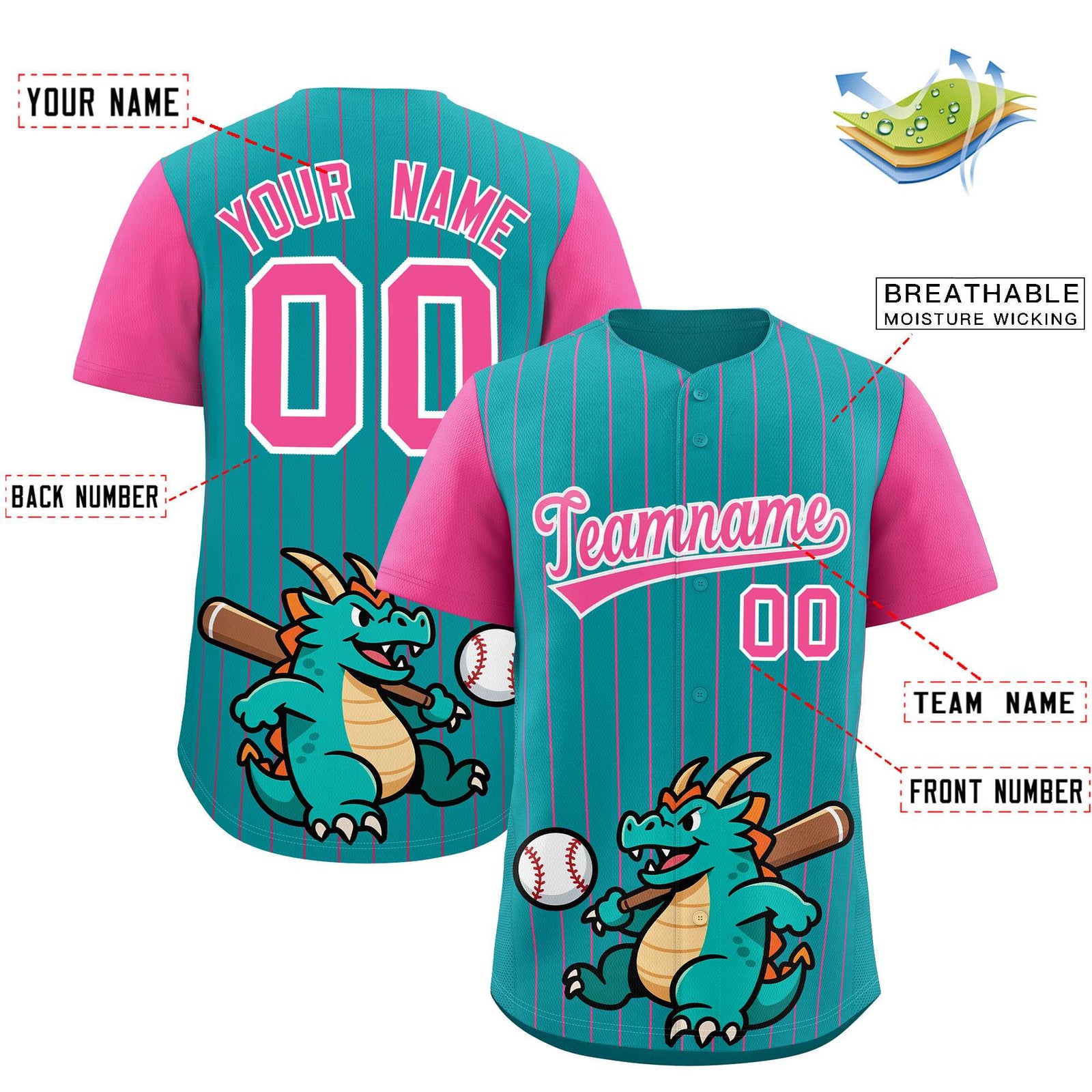 Custom Aqua Pink Stripe Animals Graffiti Pattern Raglan Sleeves Authentic Baseball Jersey