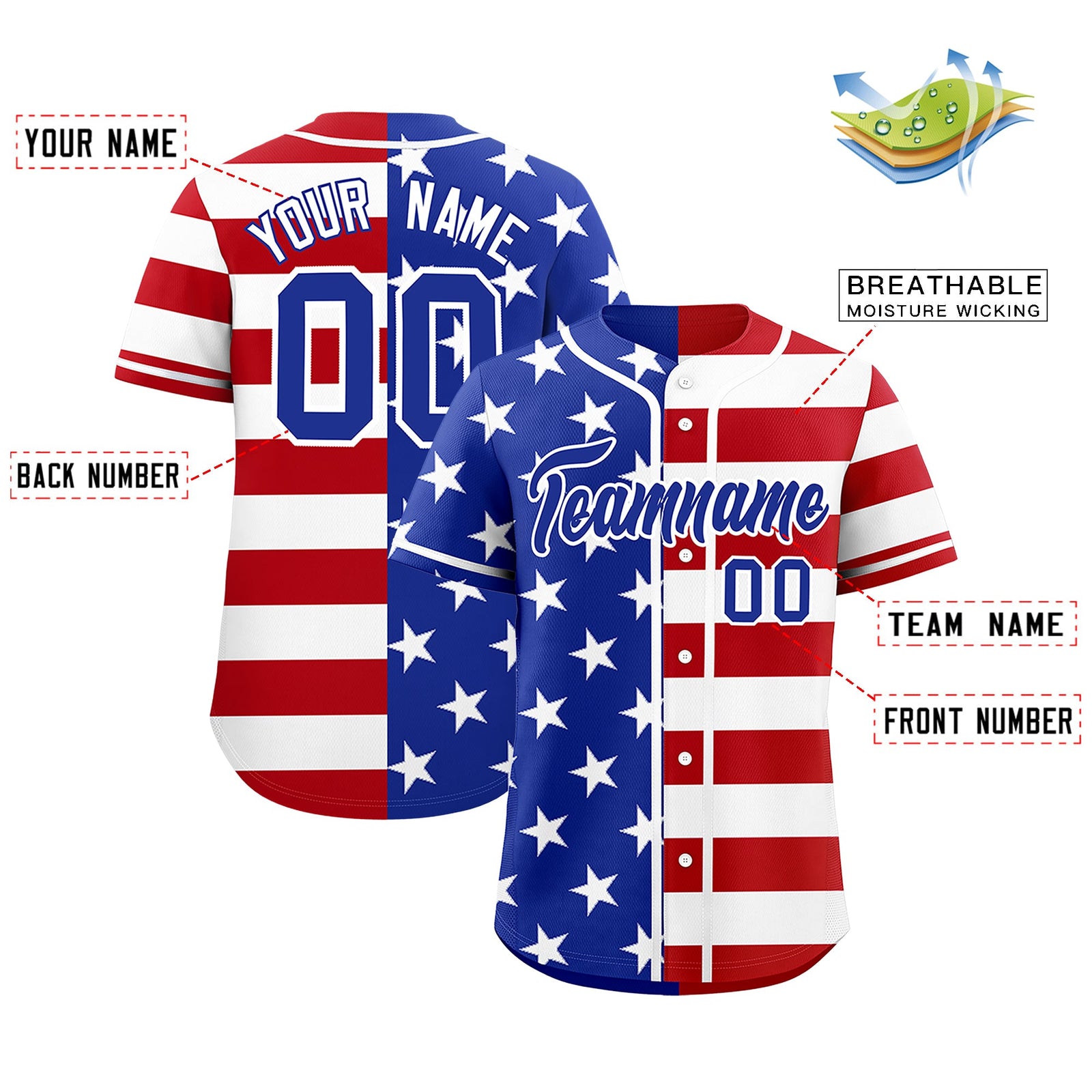 Custom Royal Blue Red White American Flag Graffiti Pattern Split Fashion Independence Day Stretch Fabric Baseball Jersey| KXKSHOP