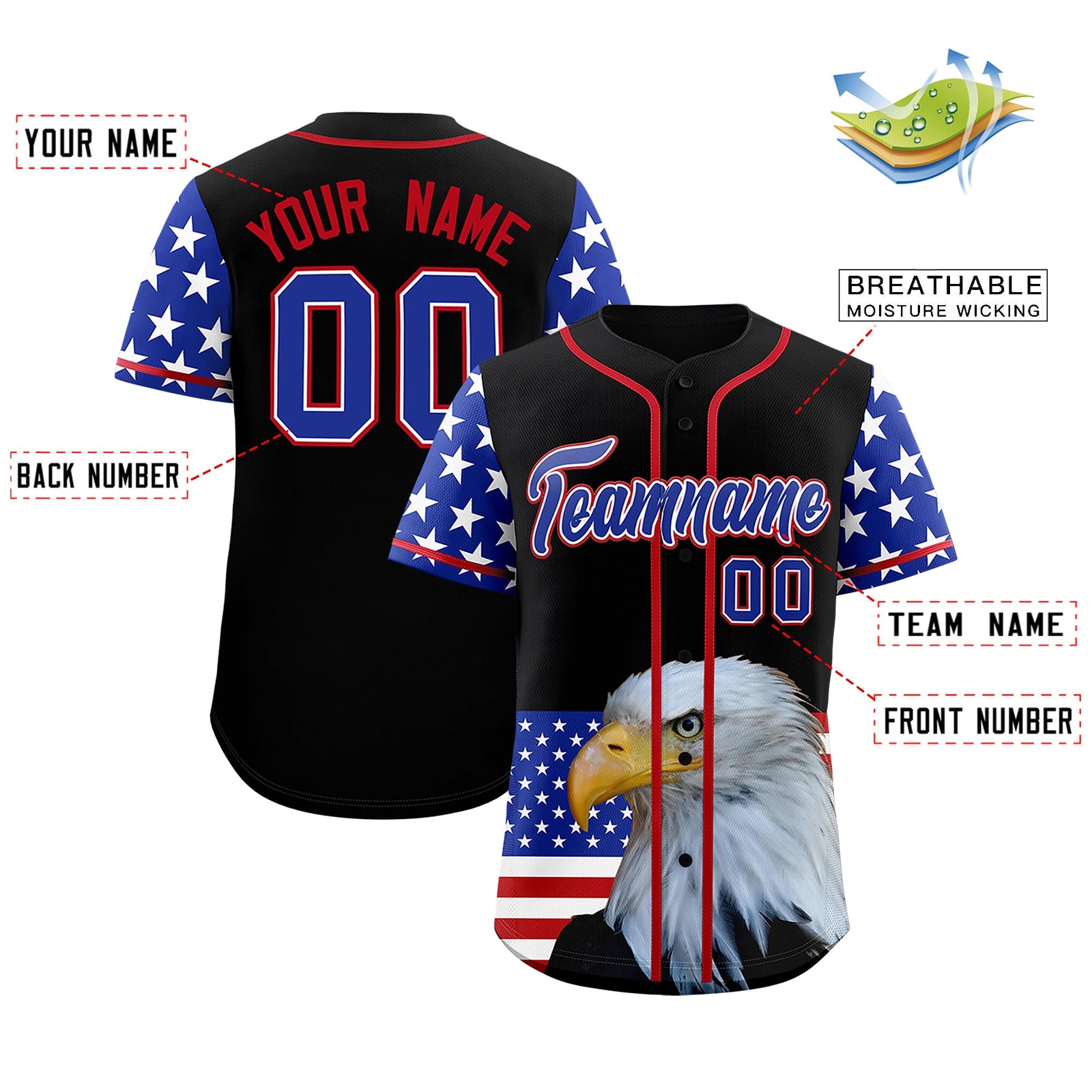 Custom Black Royal Blue White American Flag Graffiti Pattern Split Fashion Independence Day Stretch Fabric Baseball Jersey| KXKSHOP