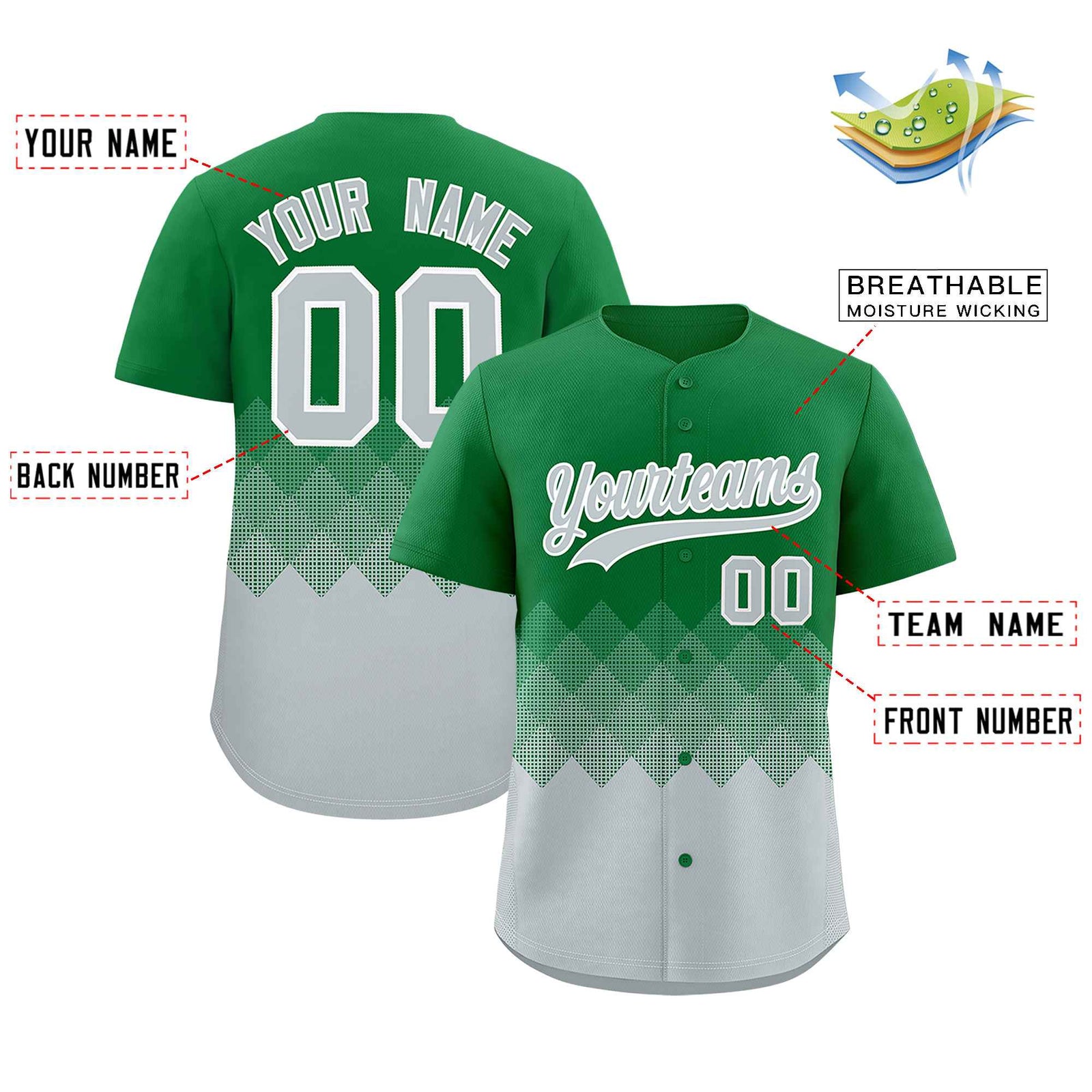 Custom Kelly Green Silver Grid Blur Pattern Authentic Baseball Jersey