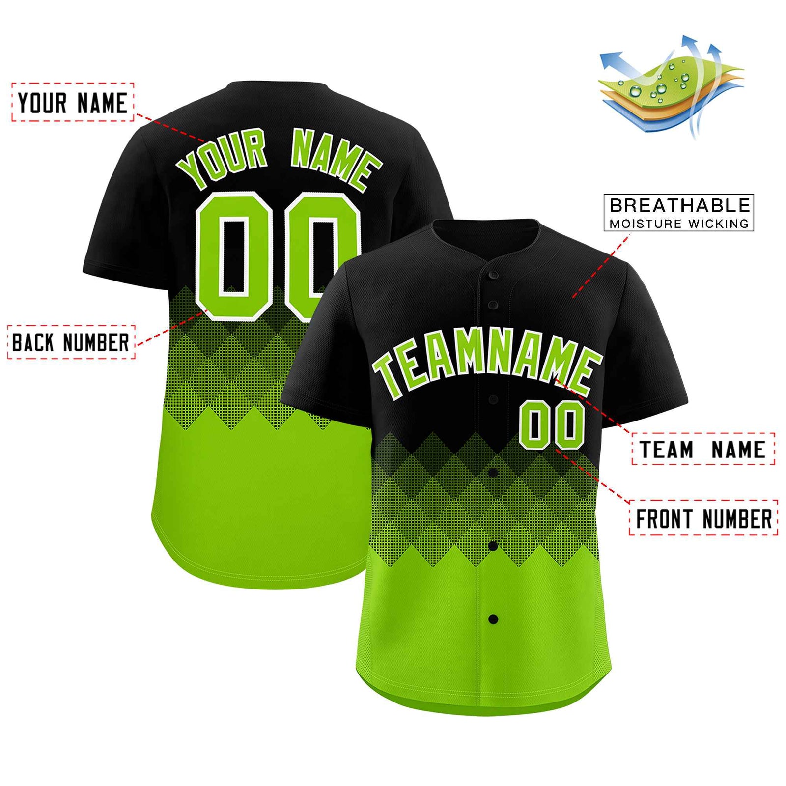 Custom Black Neon Green Grid Blur Pattern Authentic Baseball Jersey
