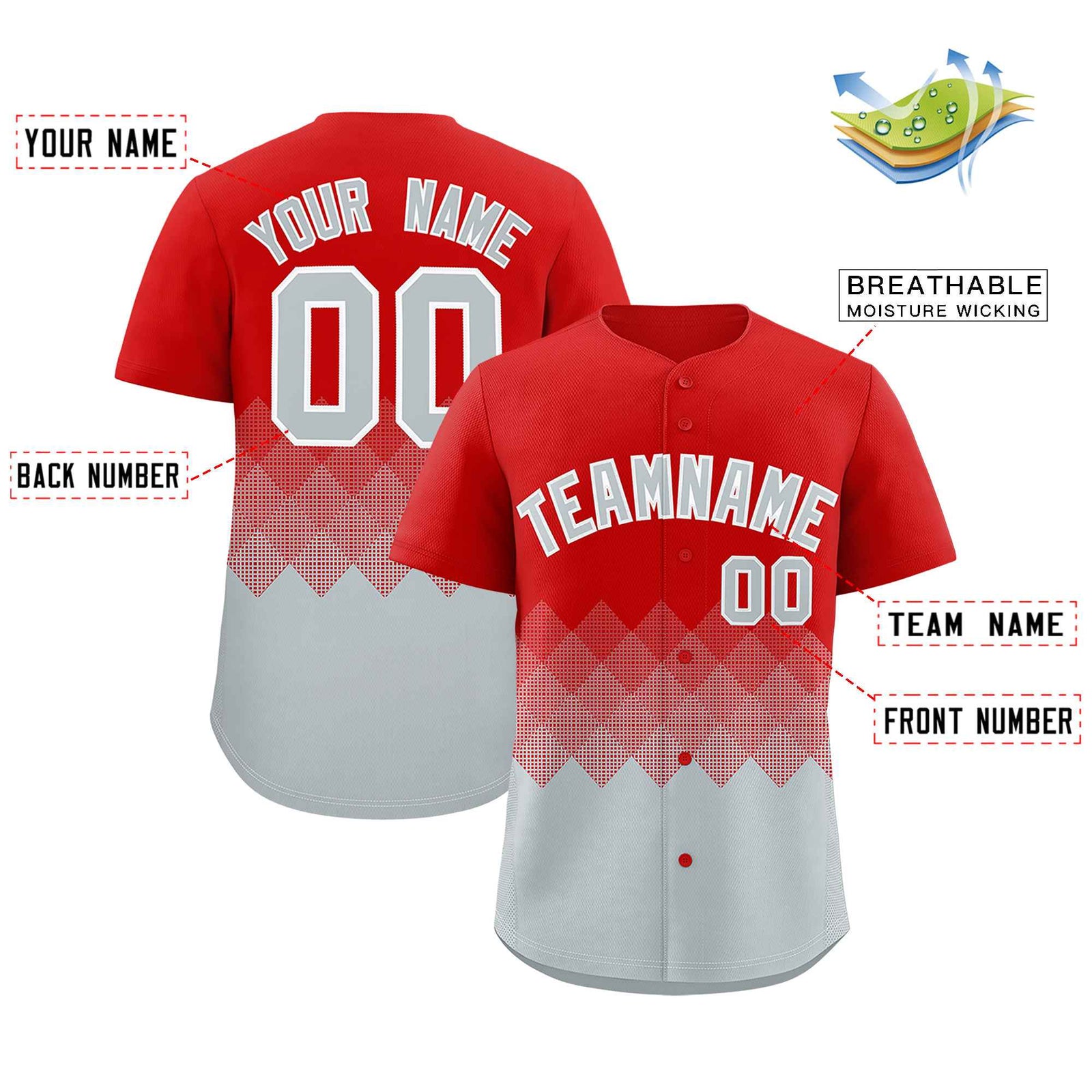 Custom Red Silver Grid Blur Pattern Authentic Baseball Jersey