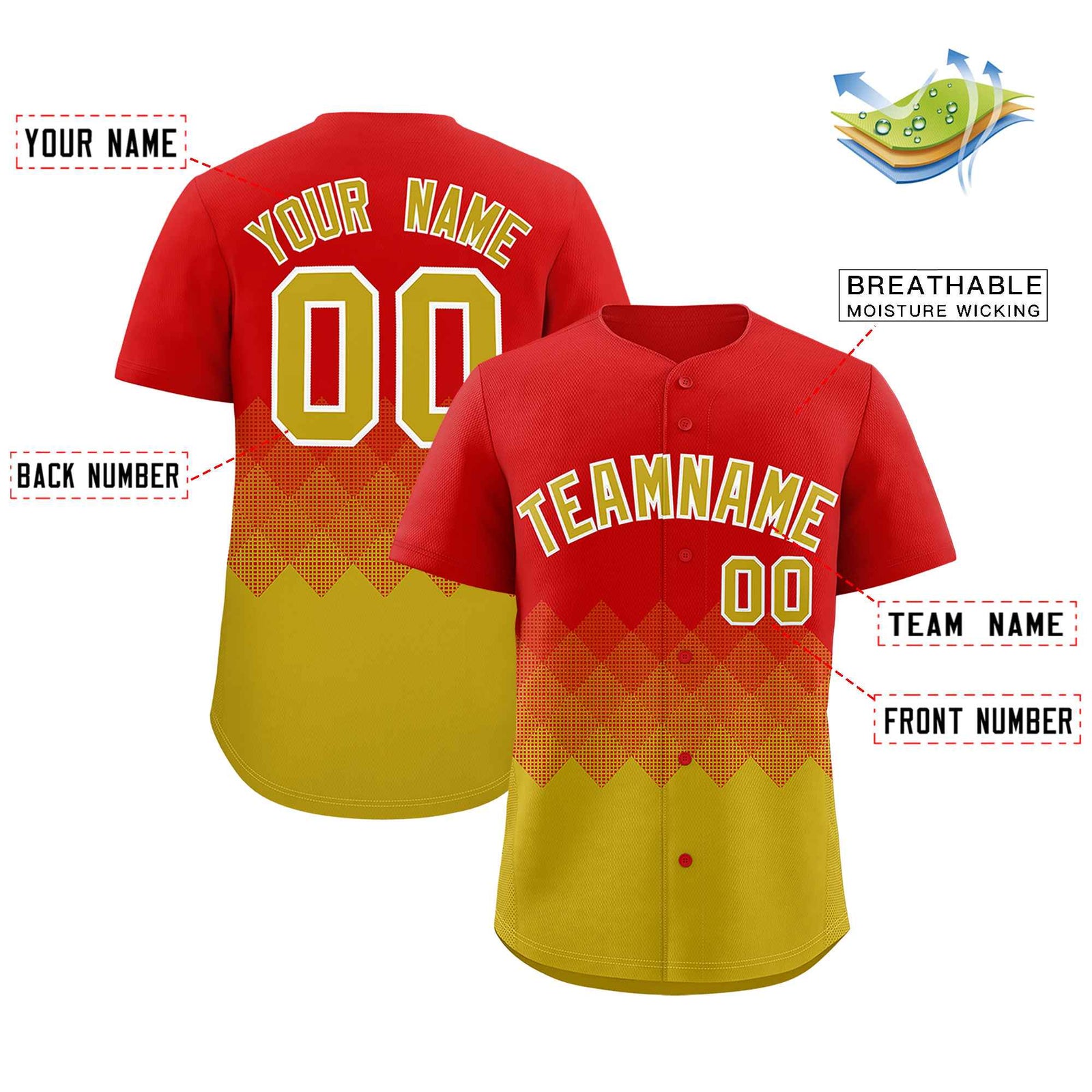 Custom Red Old Gold Grid Blur Pattern Authentic Baseball Jersey
