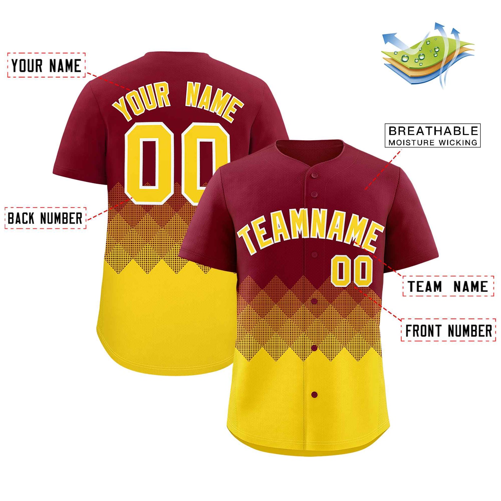 Custom Crimson Gold Grid Blur Pattern Authentic Baseball Jersey