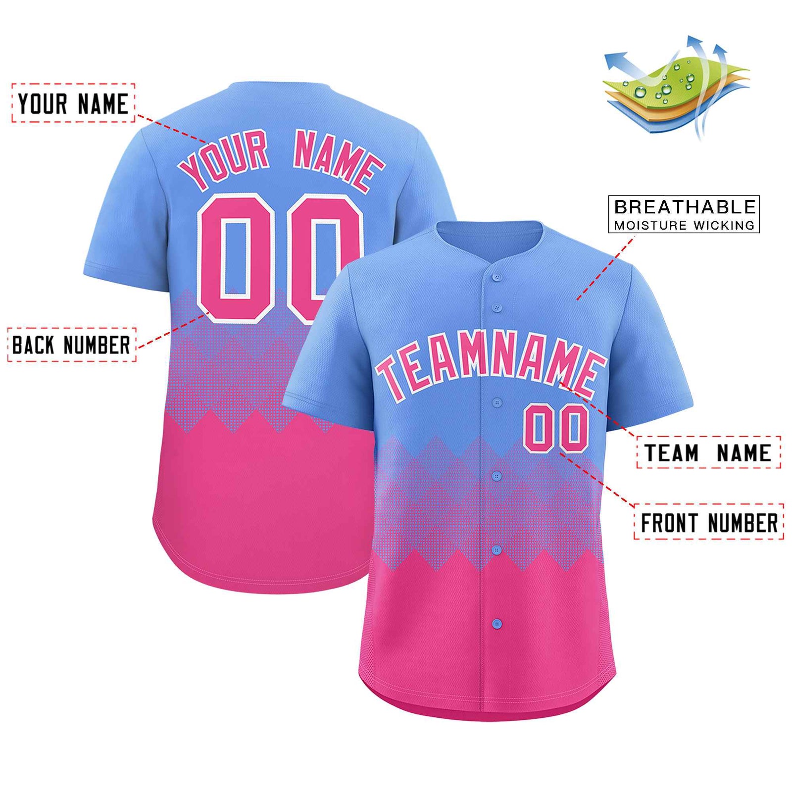Custom Light Blue Pink Grid Blur Pattern Authentic Baseball Jersey