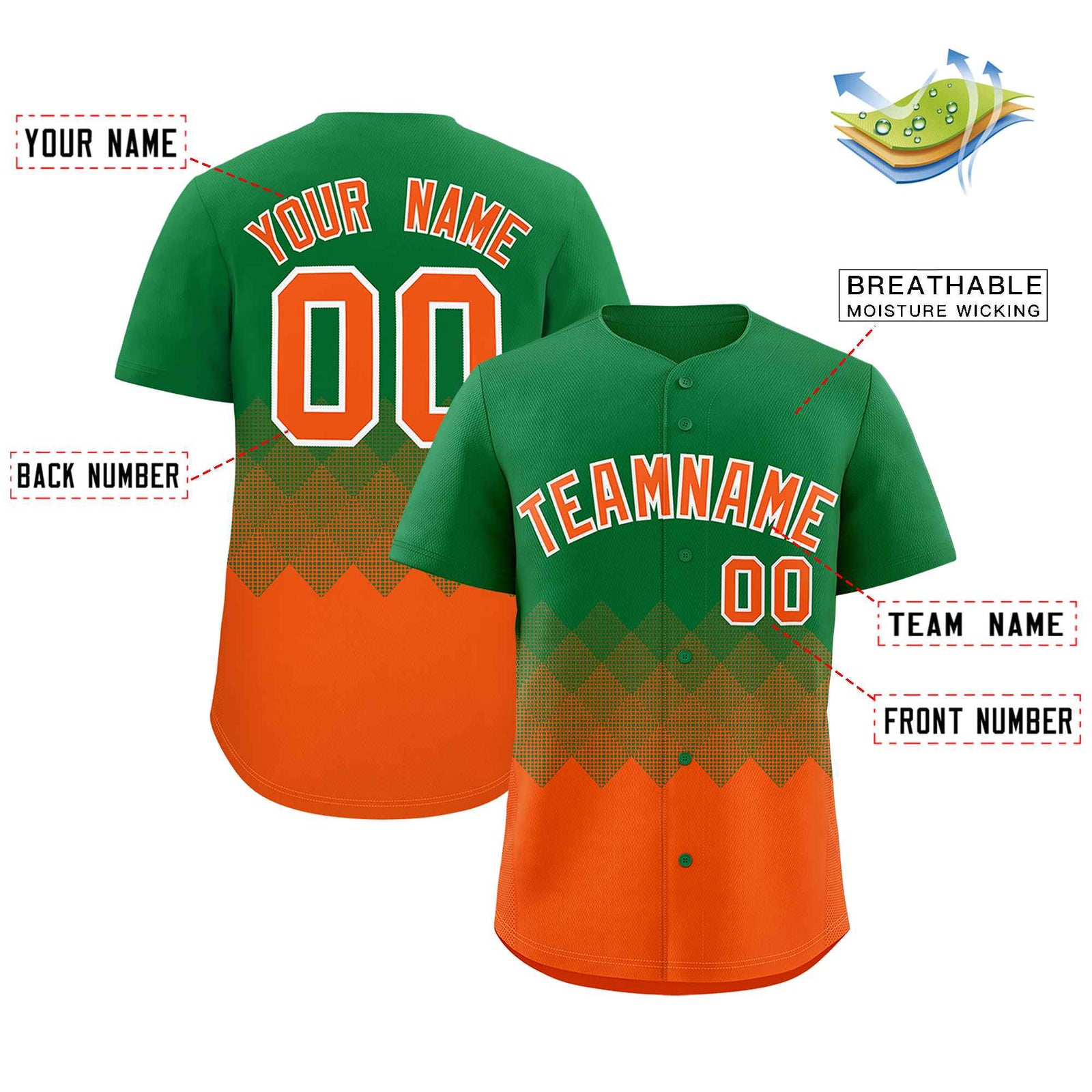 Custom Kelly Green Orange Grid Blur Pattern Authentic Baseball Jersey