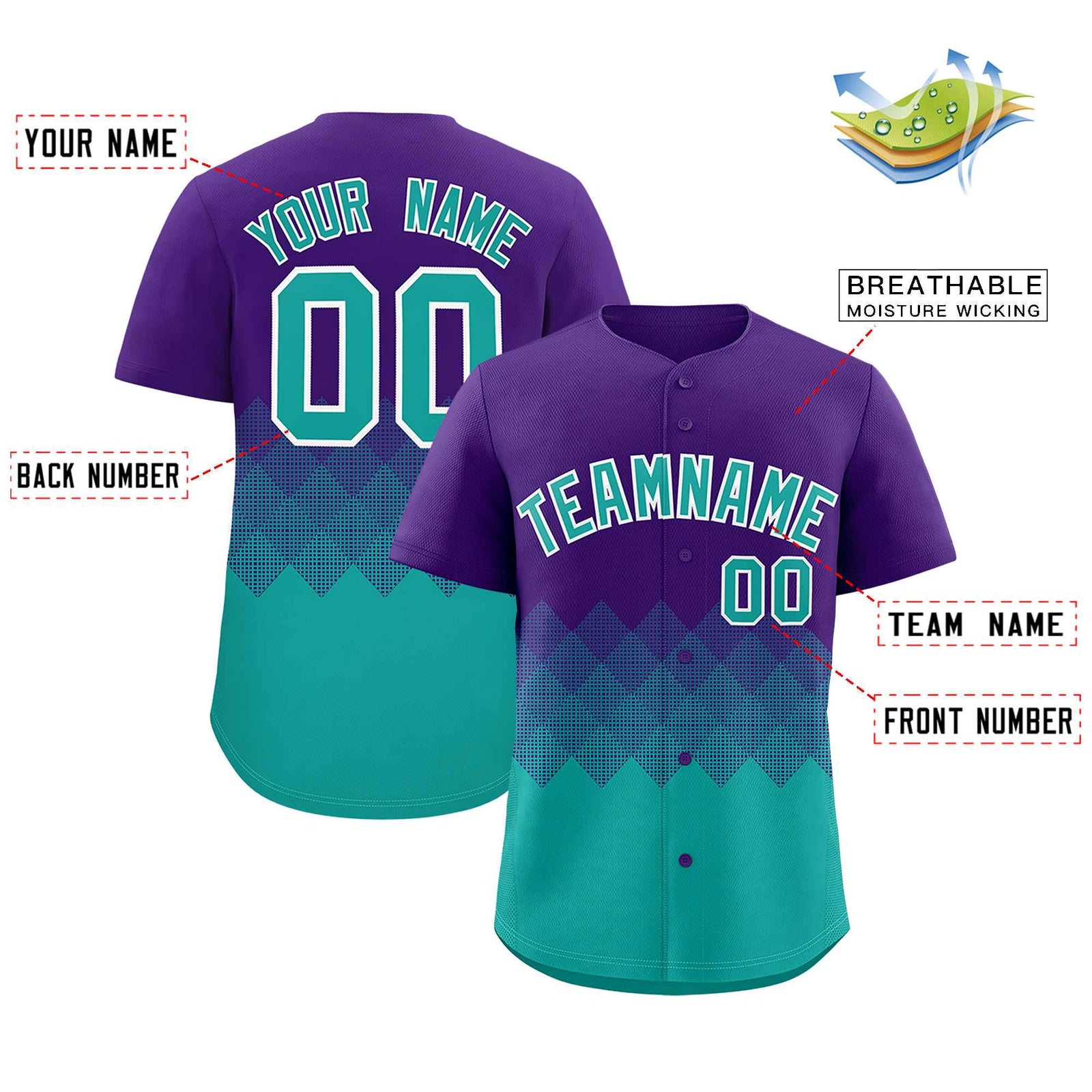 Custom Purple Aqua Grid Blur Pattern Authentic Baseball Jersey