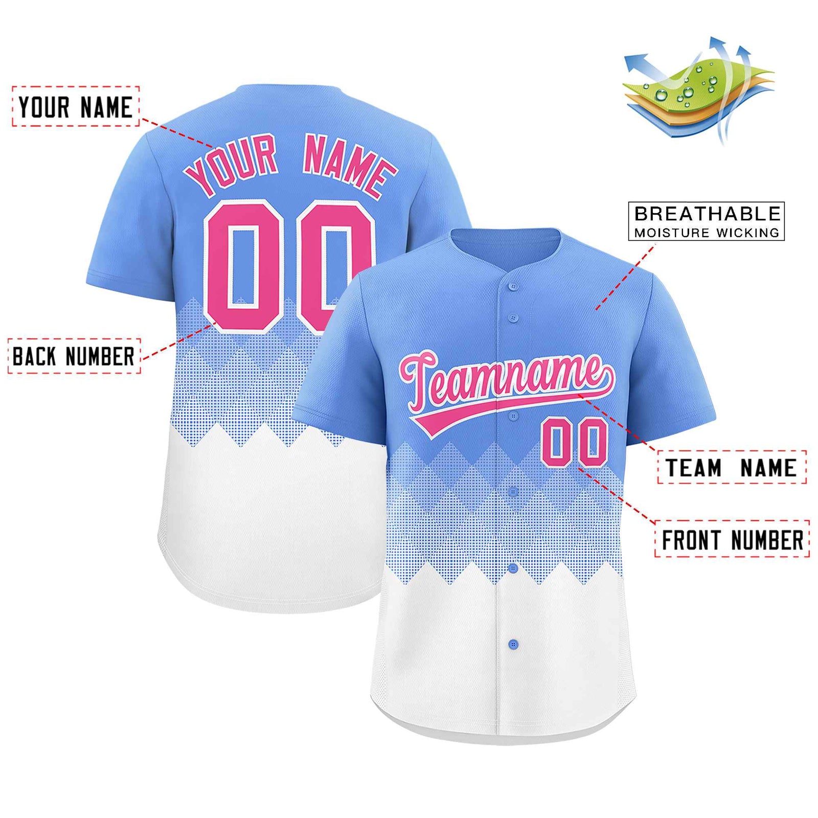 Custom Light Blue White Grid Blur Pattern Authentic Baseball Jersey