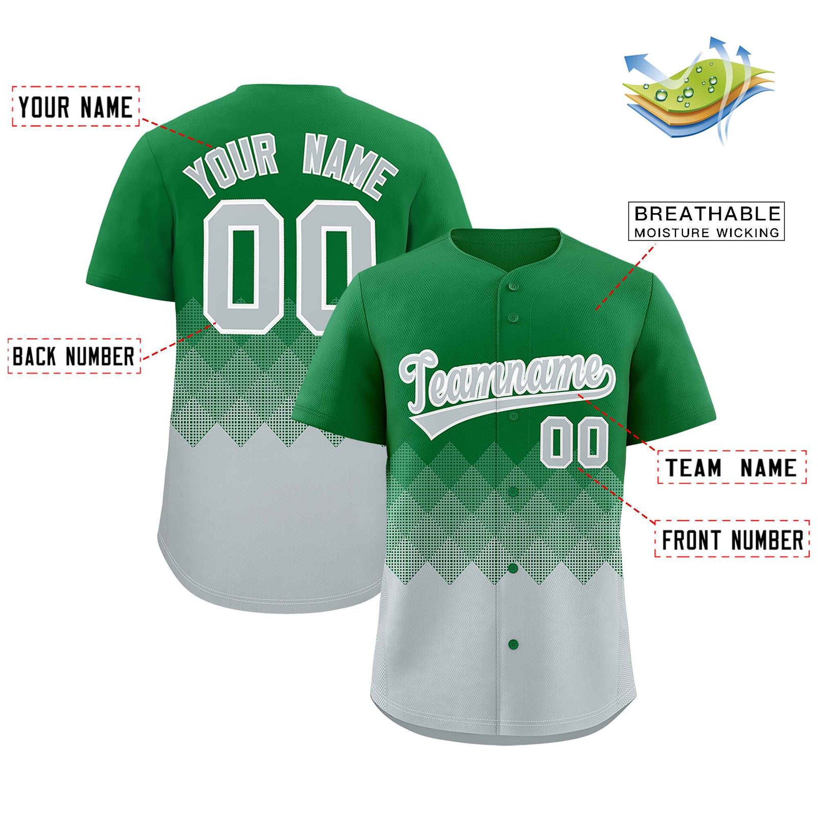 Custom Kelly Green Silver Grid Blur Pattern Authentic Baseball Jersey