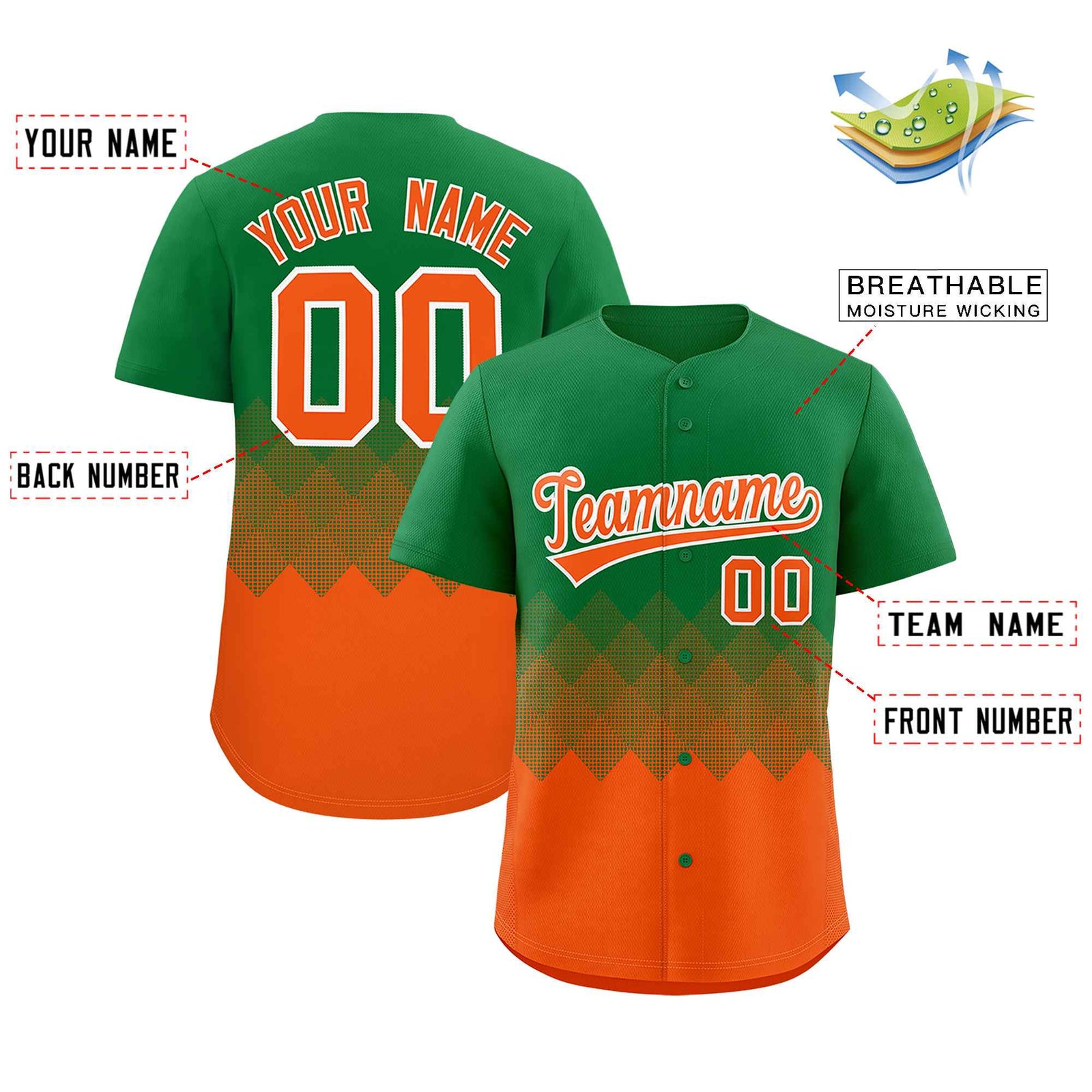 Custom Kelly Green Orange Grid Blur Pattern Authentic Baseball Jersey