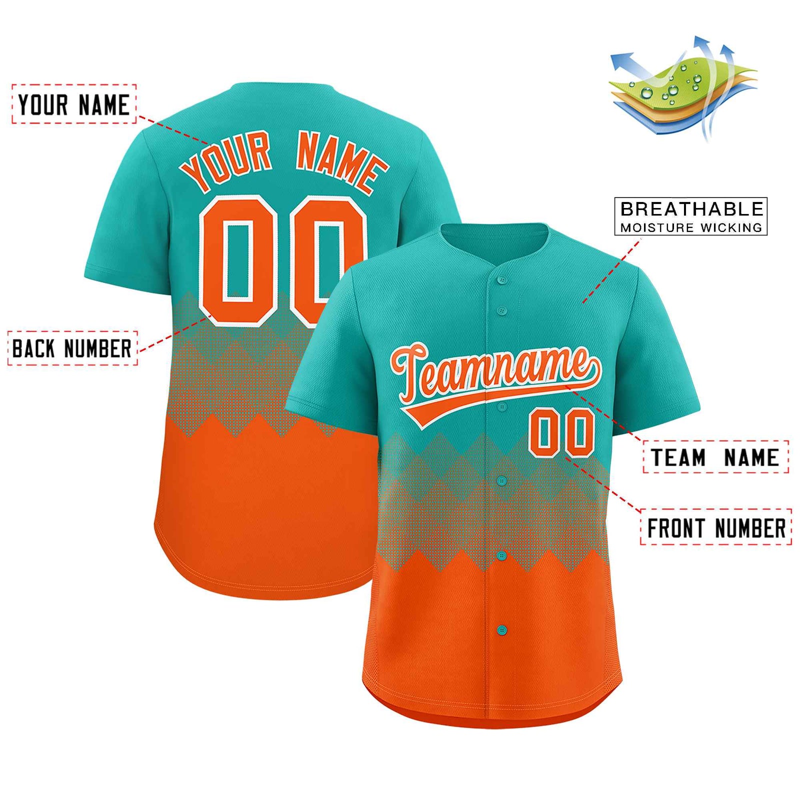 Custom Aqua Orange Grid Blur Pattern Authentic Baseball Jersey