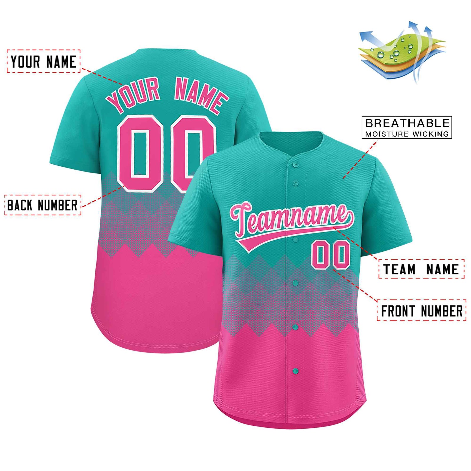 Custom Aqua Pink Grid Blur Pattern Authentic Baseball Jersey