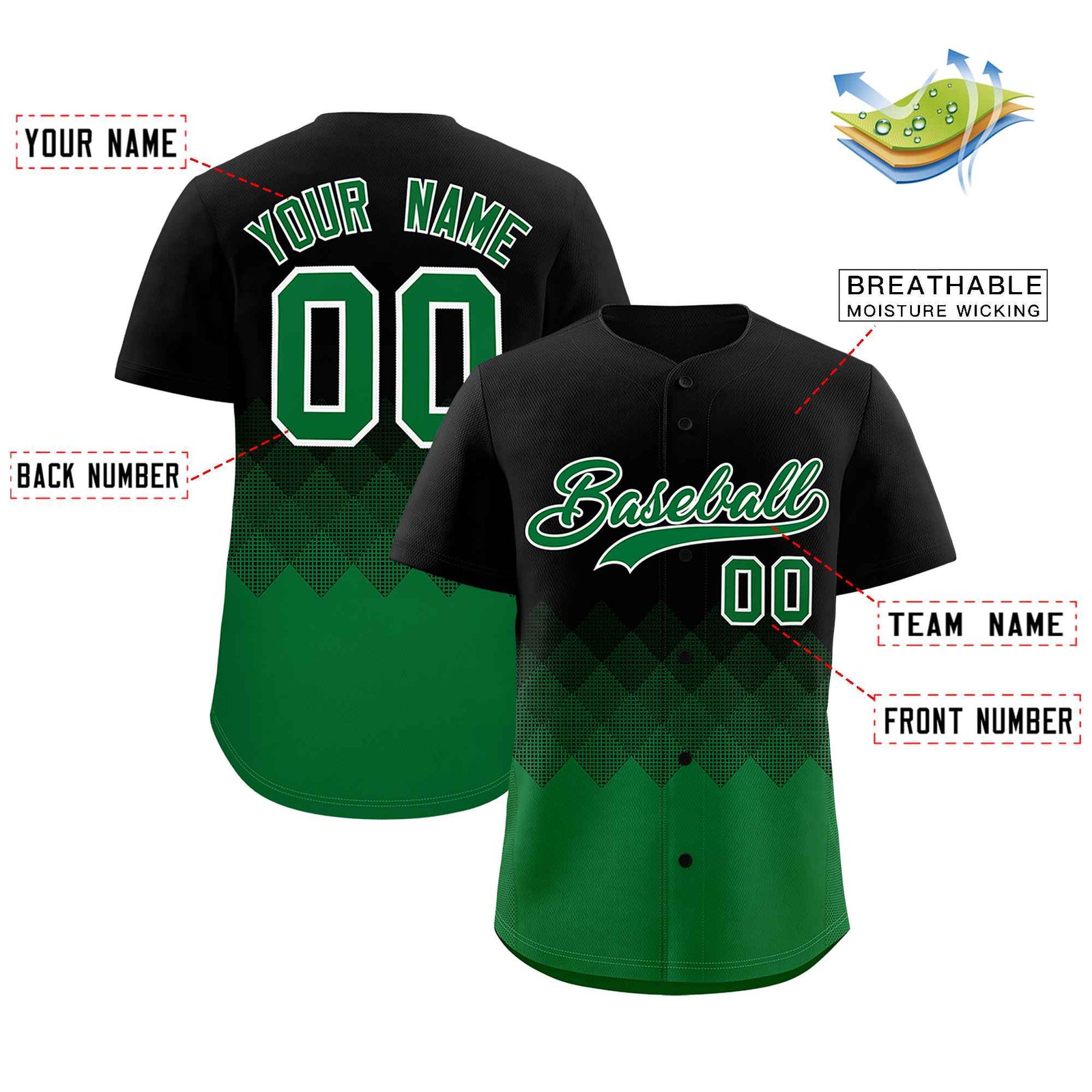 Custom Black Kelly Green Grid Blur Pattern Authentic Baseball Jersey