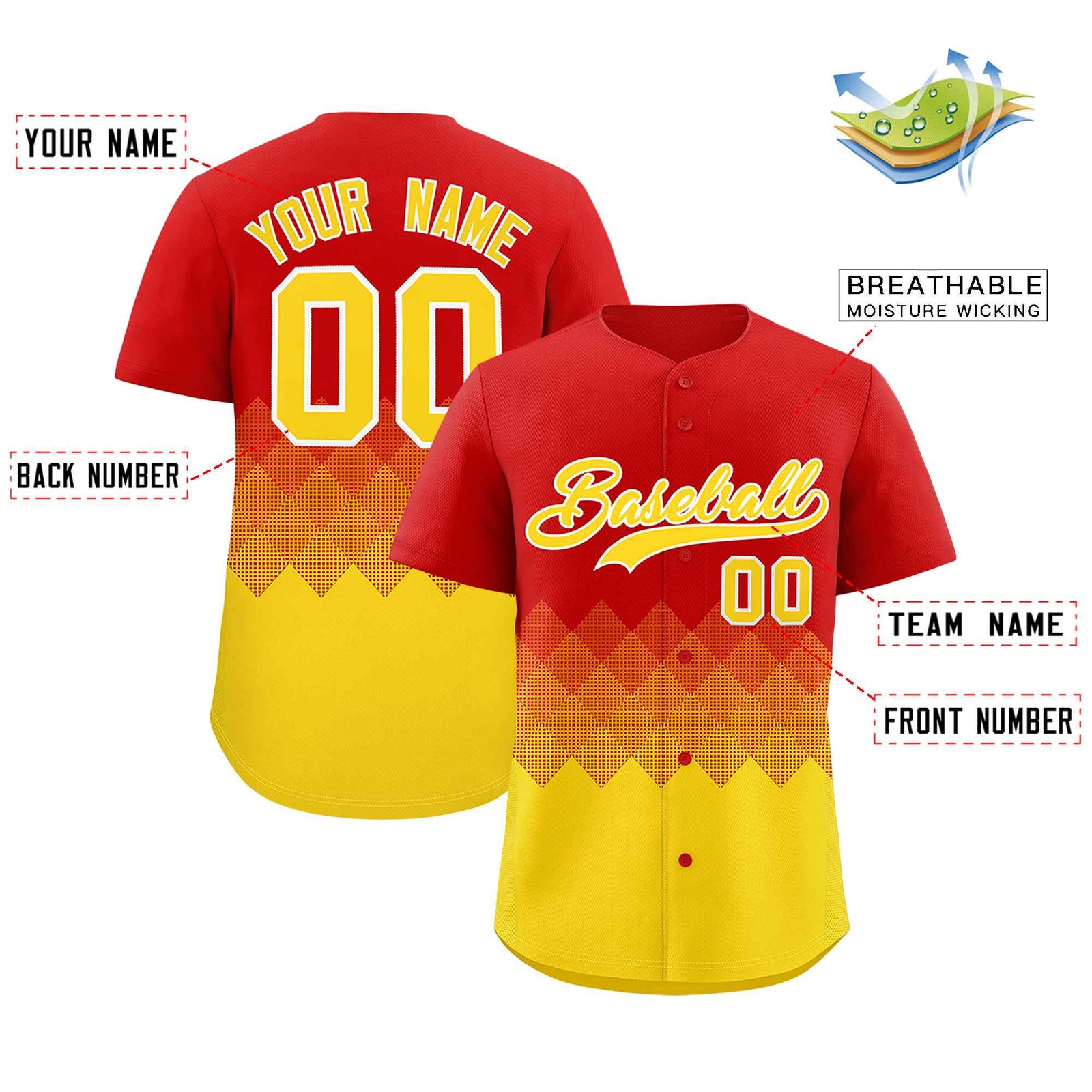 Custom Red Gold Grid Blur Pattern Authentic Baseball Jersey