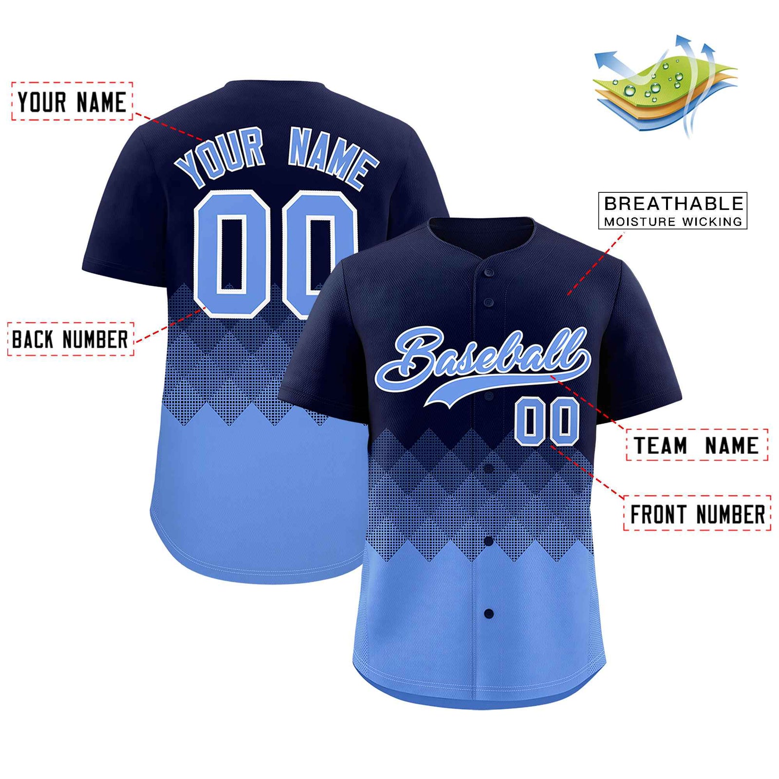 Custom Navy Powder Blue Grid Blur Pattern Authentic Baseball Jersey