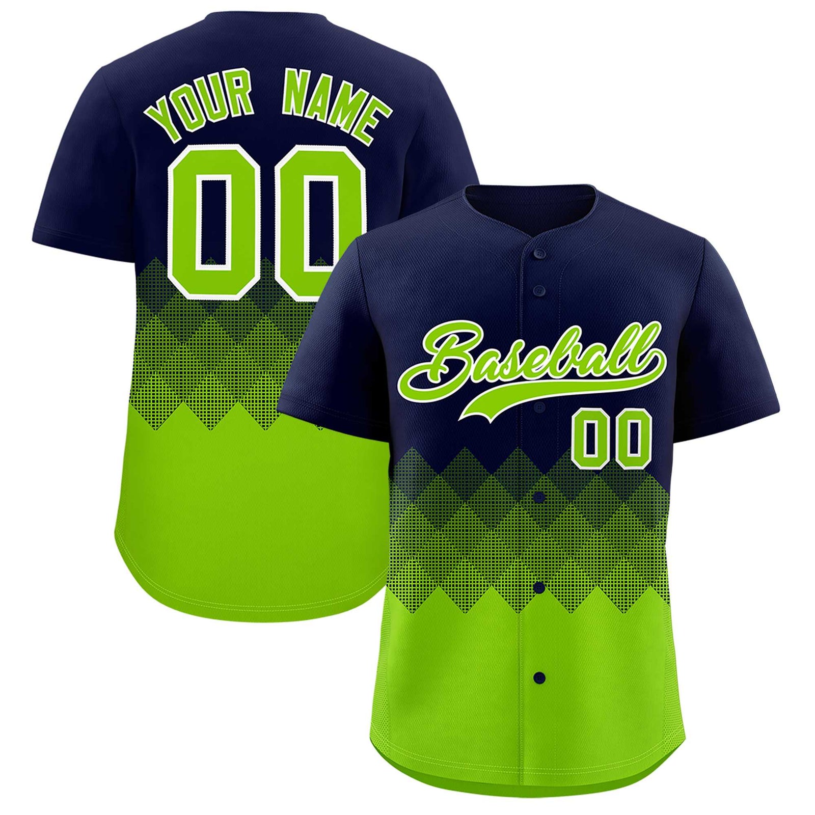 Custom Navy Neon Green Grid Blur Pattern Authentic Baseball Jersey