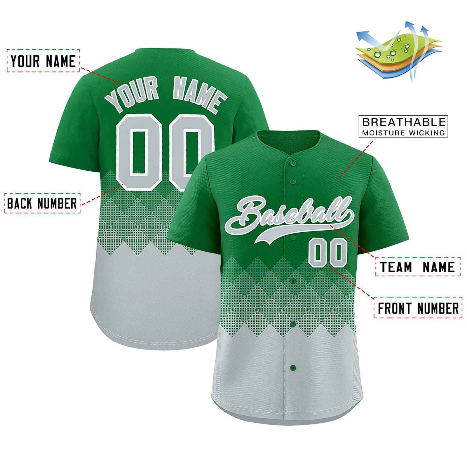 Custom Kelly Green Silver Grid Blur Pattern Authentic Baseball Jersey