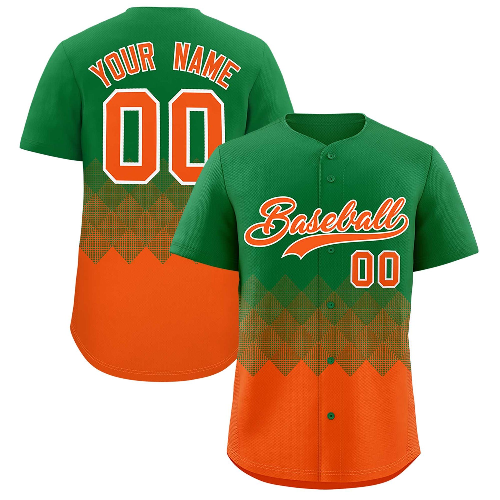 Custom Kelly Green Orange Grid Blur Pattern Authentic Baseball Jersey