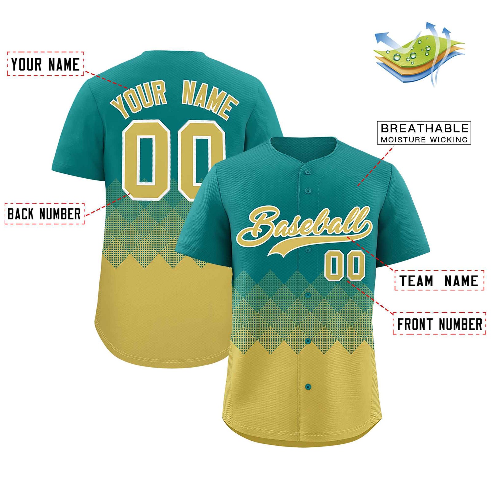 Custom Aqua Old Gold Grid Blur Pattern Authentic Baseball Jersey