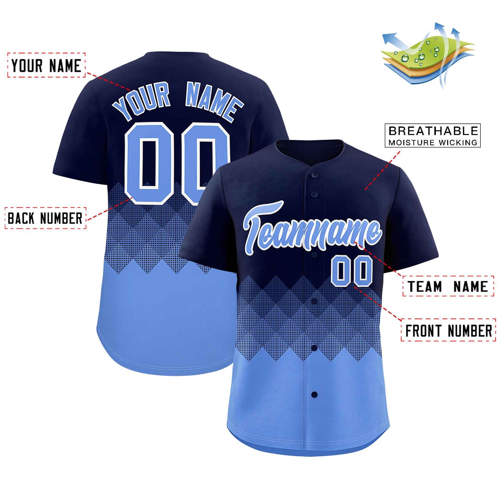 Custom Navy Powder Blue Grid Blur Pattern Authentic Baseball Jersey