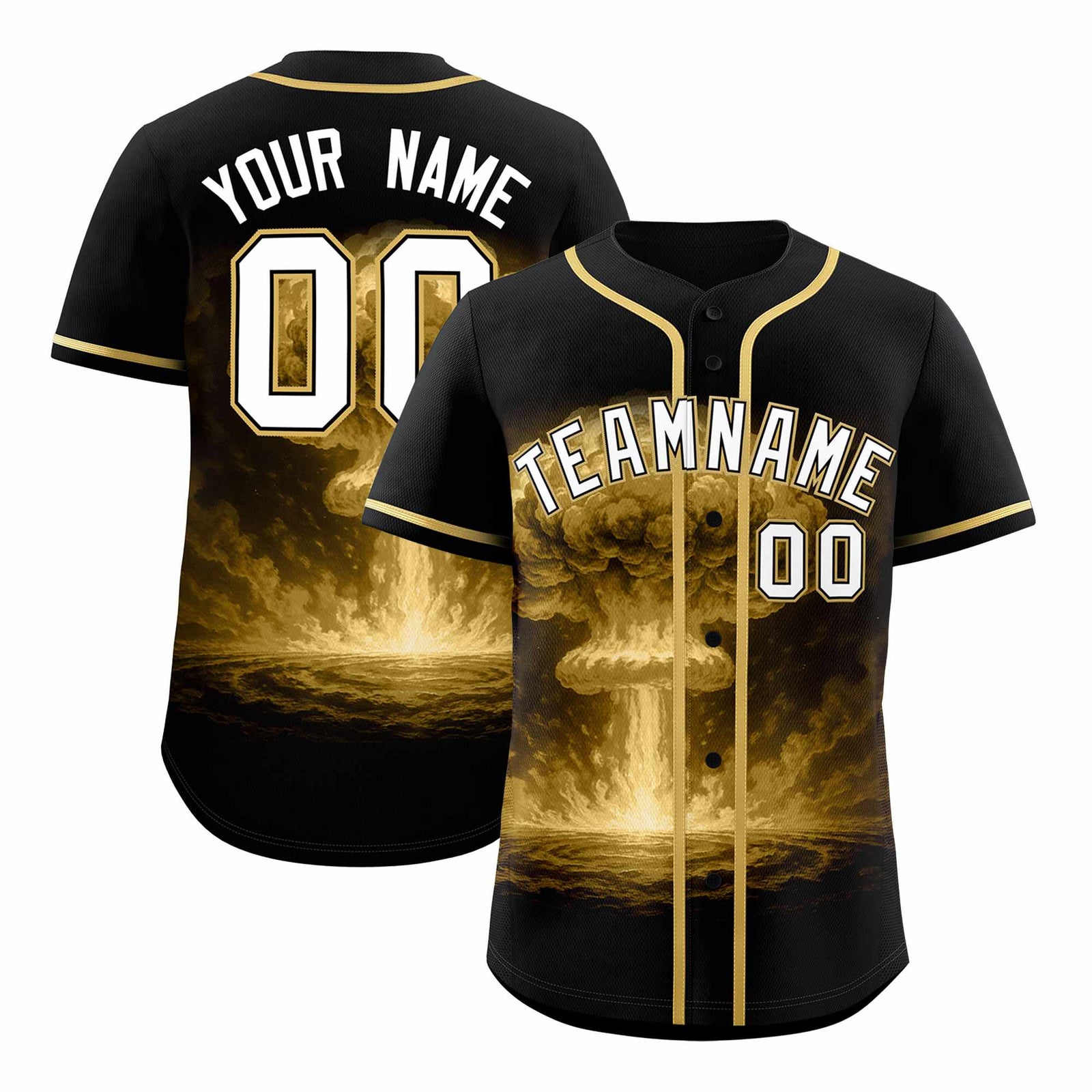 Custom Black Old Gold Full Button Nuclear Blast Graffiti Pattern Authentic Baseball Jersey