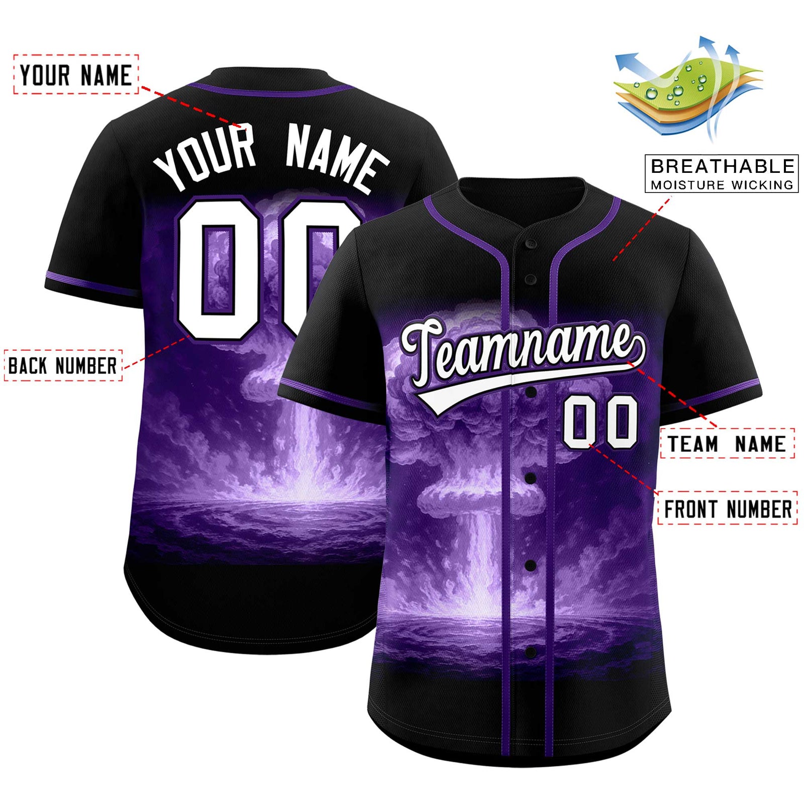 Custom Black Purple Full Button Nuclear Blast Graffiti Pattern Authentic Baseball Jersey