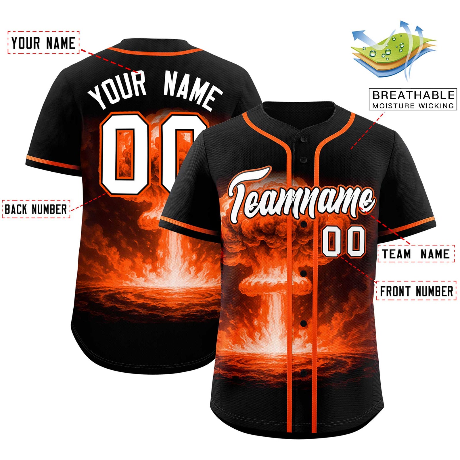 Custom Black Orange Full Button Nuclear Blast Graffiti Pattern Authentic Baseball Jersey
