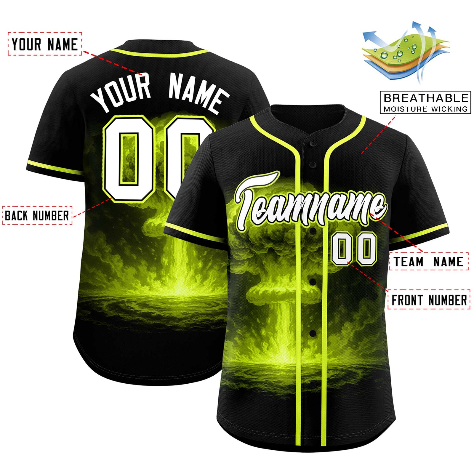 Custom Black Fluorescent Green Full Button Nuclear Blast Graffiti Pattern Authentic Baseball Jersey