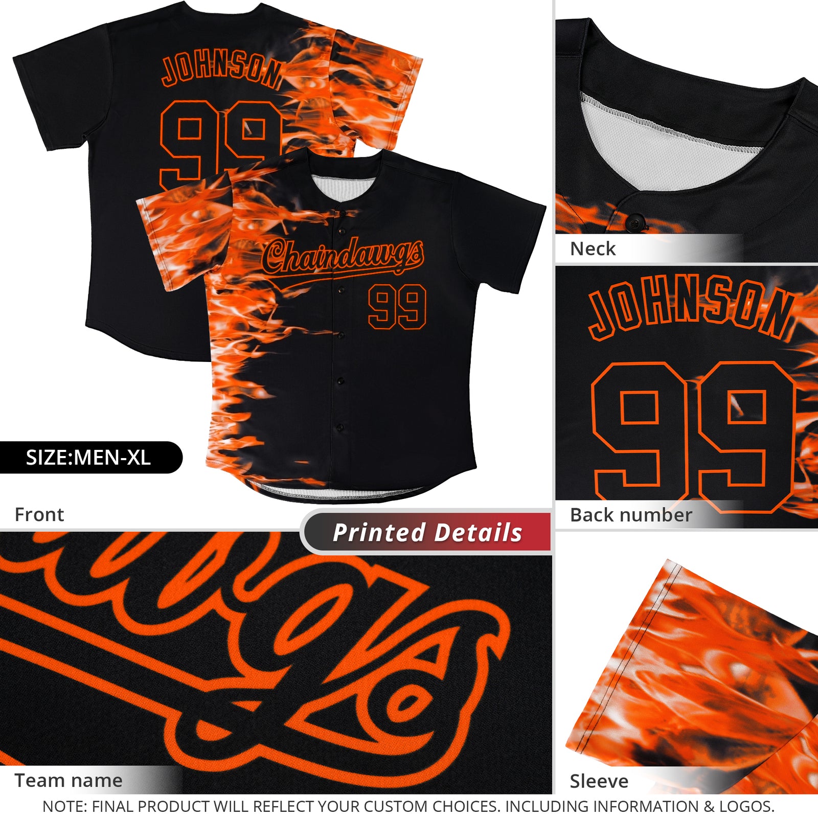 Custom Black Personalized 3D Flame Design Authentic Baseball Jersey