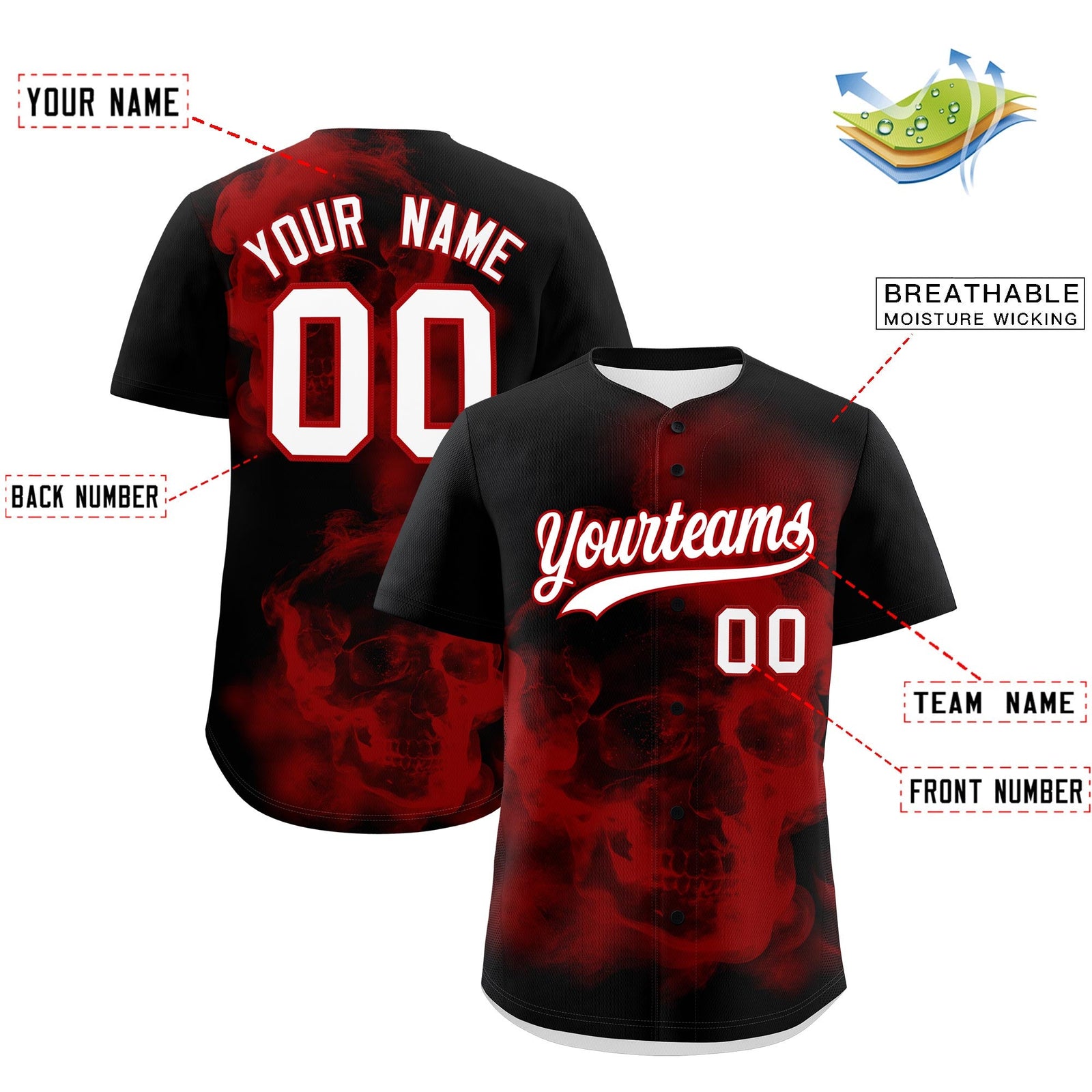 Custom Black Red White skeleton Graffiti Pattern Lightweight Baseball Jersey| KXKSHOP