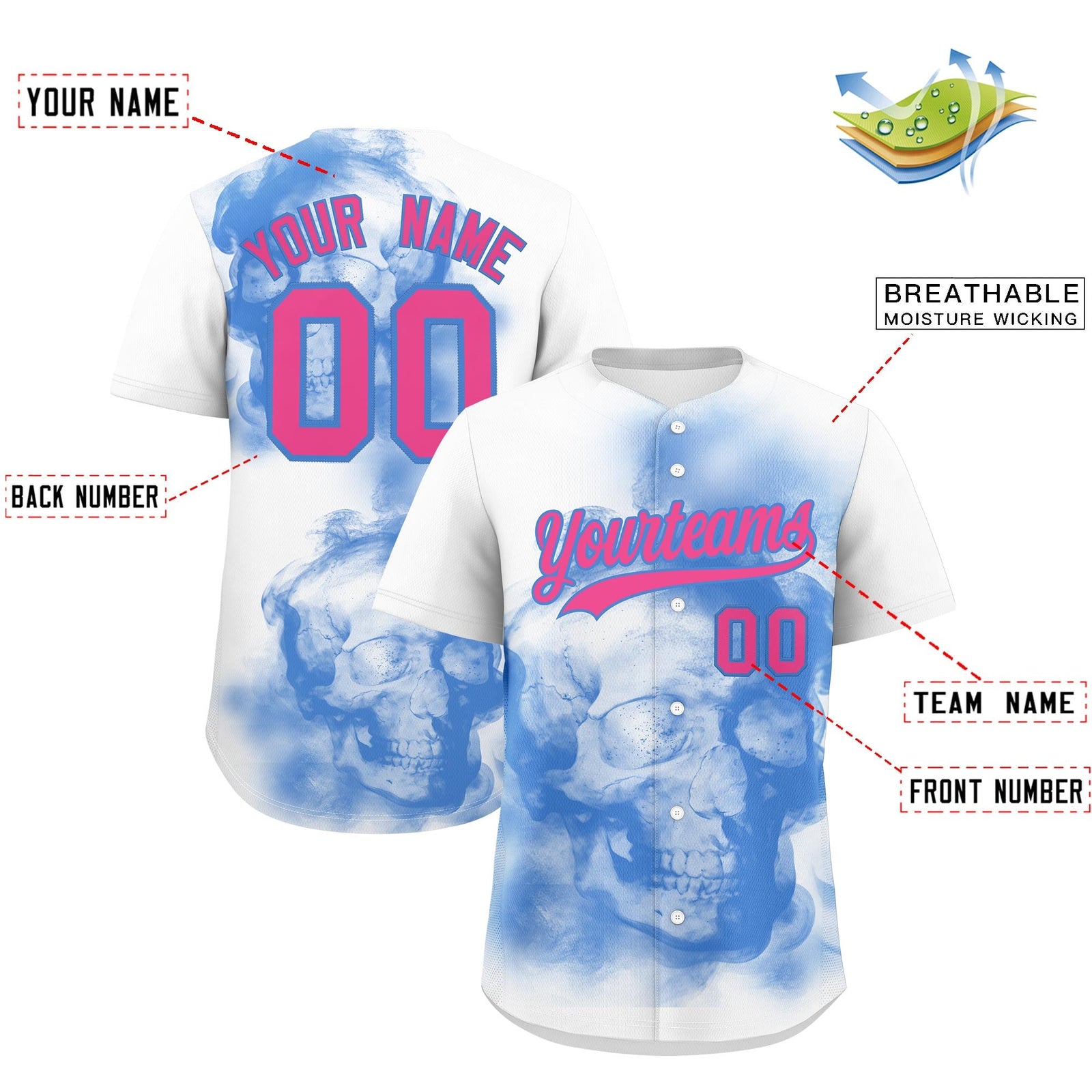 Custom White Powder Blue Pink skeleton Graffiti Pattern Quick Dry Baseball Jersey| KXKSHOP