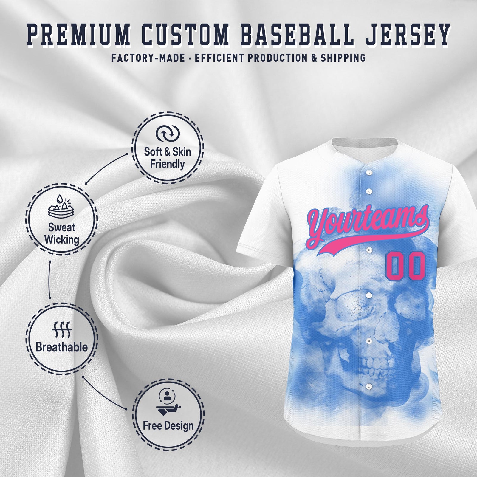 Custom White Powder Blue Pink skeleton Graffiti Pattern Quick Dry Baseball Jersey| KXKSHOP