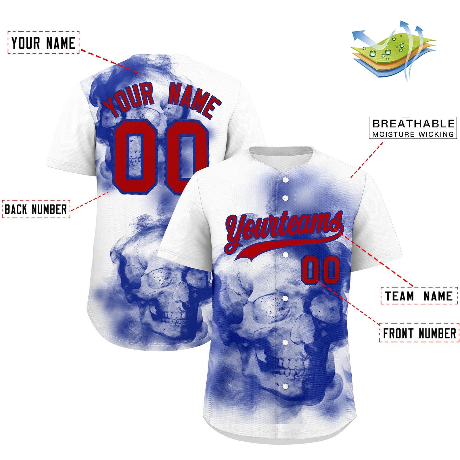Custom White Royal Blue Red skeleton Graffiti Pattern Quick Dry Baseball Jersey| KXKSHOP