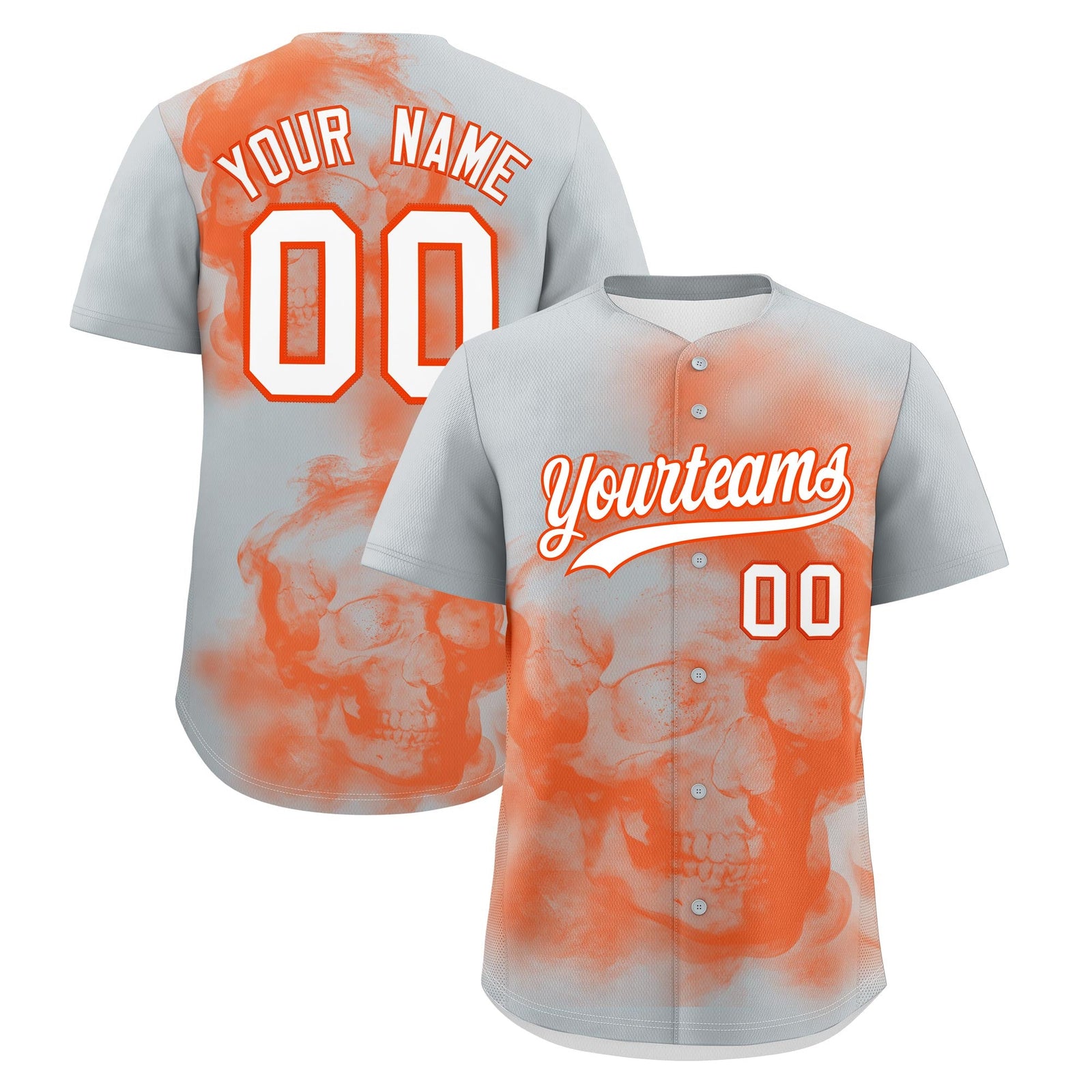 Custom Silver Orange White skeleton Graffiti Pattern Quick Dry Baseball Jersey| KXKSHOP