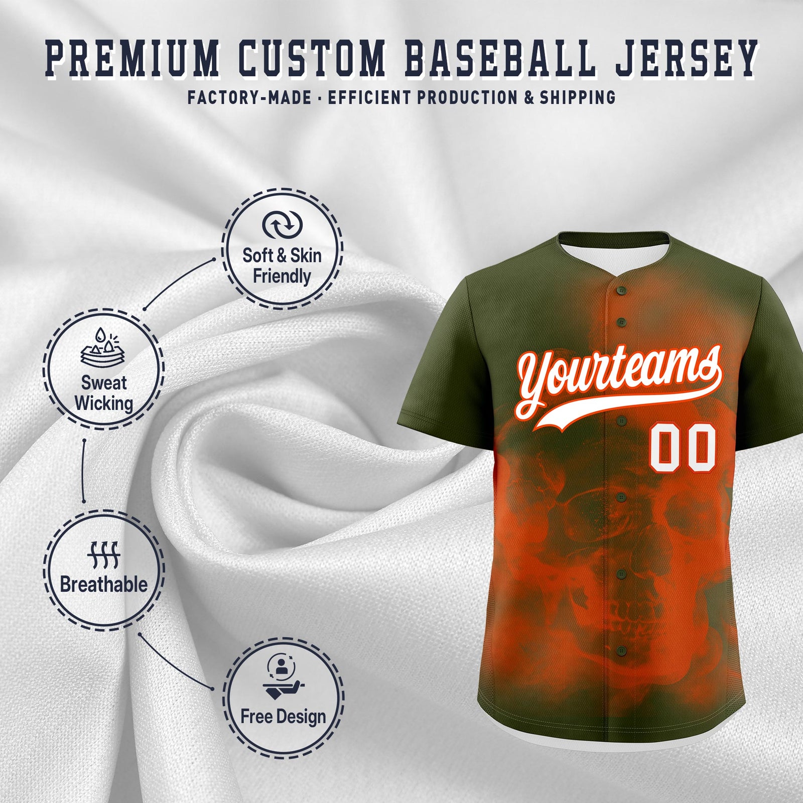 Custom Olive Orange White skeleton Graffiti Pattern Lightweight Baseball Jersey| KXKSHOP