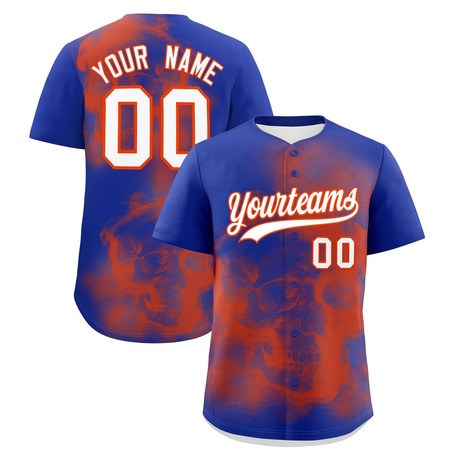 Custom Royal Blue Orange White skeleton Graffiti Pattern Quick Dry Baseball Jersey| KXKSHOP