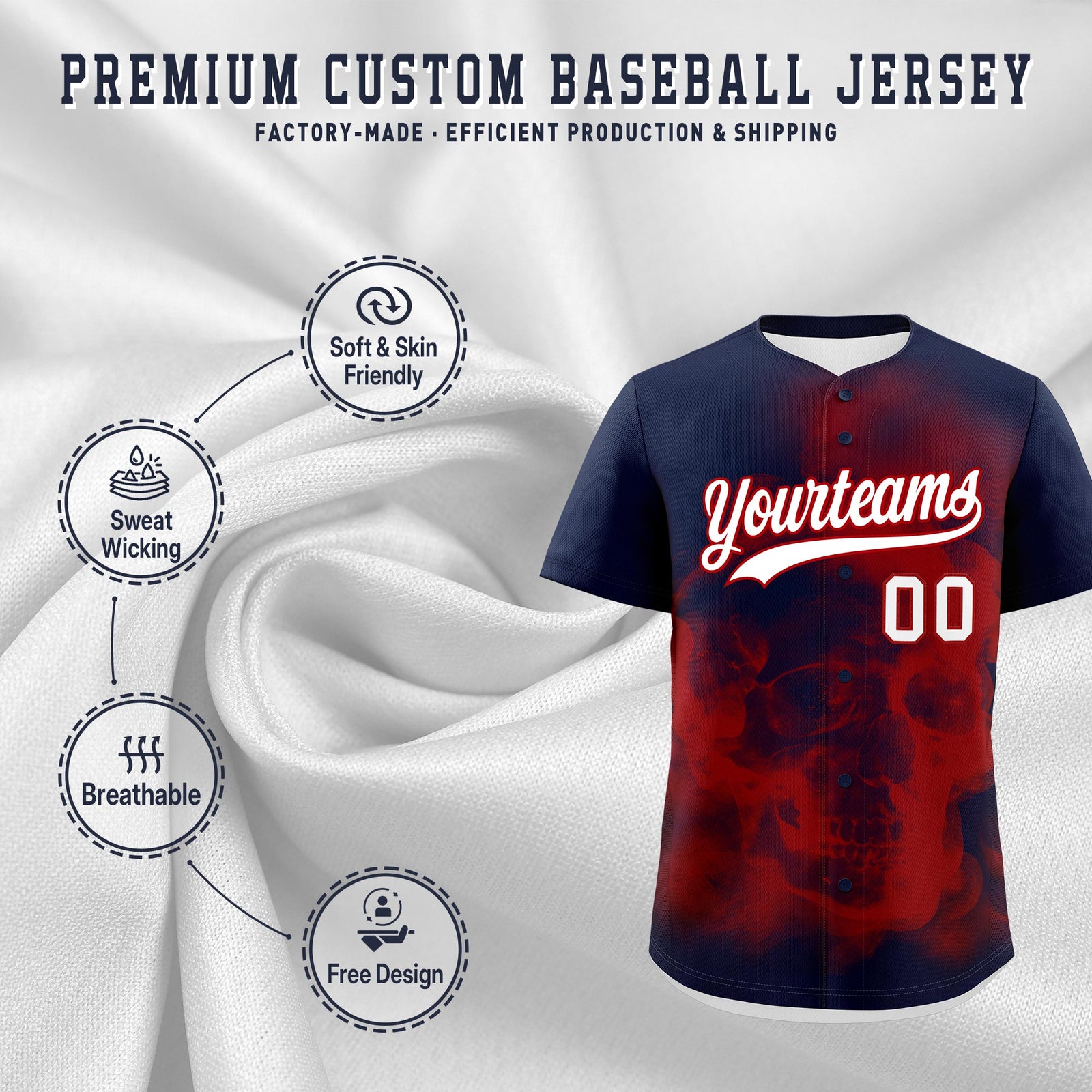 Custom Navy Red White skeleton Graffiti Pattern Lightweight Baseball Jersey| KXKSHOP