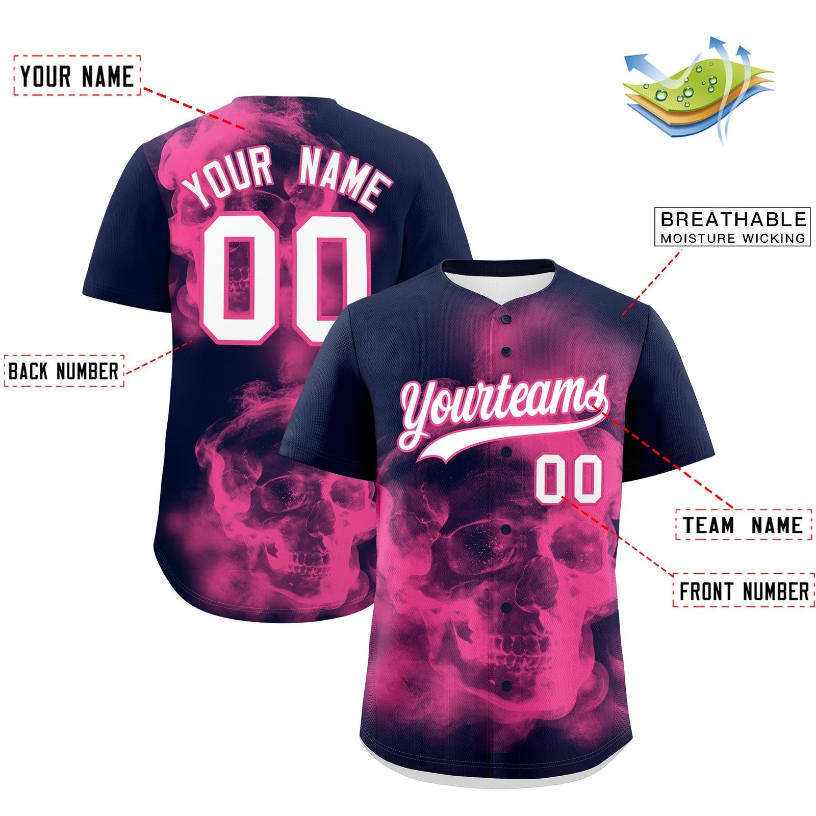 Custom Navy Pink White skeleton Graffiti Pattern Quick Dry Baseball Jersey| KXKSHOP