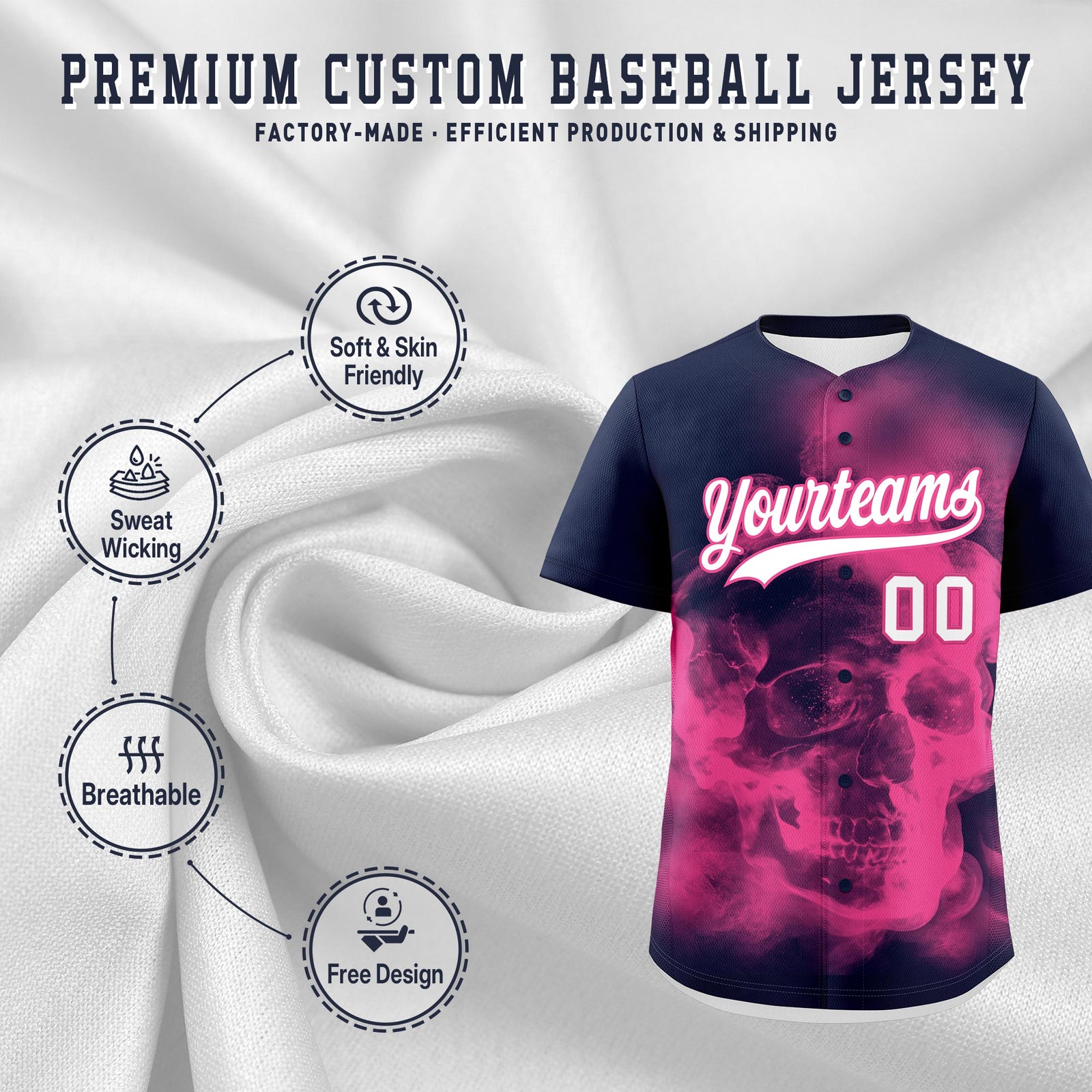 Custom Navy Pink White skeleton Graffiti Pattern Quick Dry Baseball Jersey| KXKSHOP