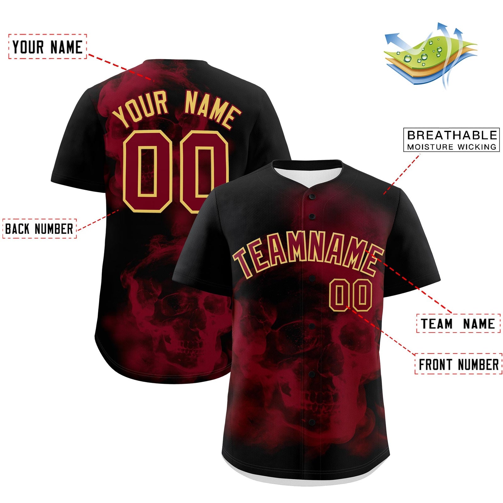 Custom Black Crimson Khaki skeleton Graffiti Pattern Quick Dry Baseball Jersey| KXKSHOP